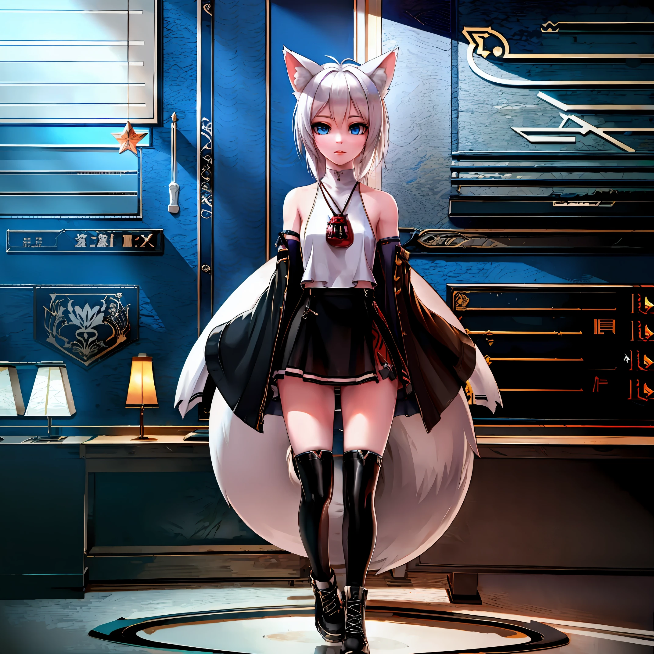 8k, resolution, high quality, high resolution, best quality, best resolution, absurd resolution, ray tracing, high detailed, masterpiece, extremely detailed,shoulder length white hair, female,white 2 wolf ears, teenage girl, slim body, white scale dragon tail,black boots,black leggings, school skirt, white jacket, medium size chest, detailed blue eyes, detailed beautiful face,solo female,1 dragon tail, detailed eyes, tomboyish