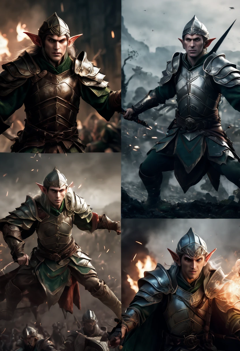 (first person,perspective,detailed,Elf Portraits:1.2,flying over,battlefield,capsuled elfs,ancient warriors,ancient armor,martial arts,misty atmosphere,dramatic lighting,high contrast,warrior in action,,action-packed,war cries,weapons clashing,fierce battles) thre side view, 1 side potrait,2 side close, 3 side in the batlle, face close up, (3 sections photo collage of an elf portaits)