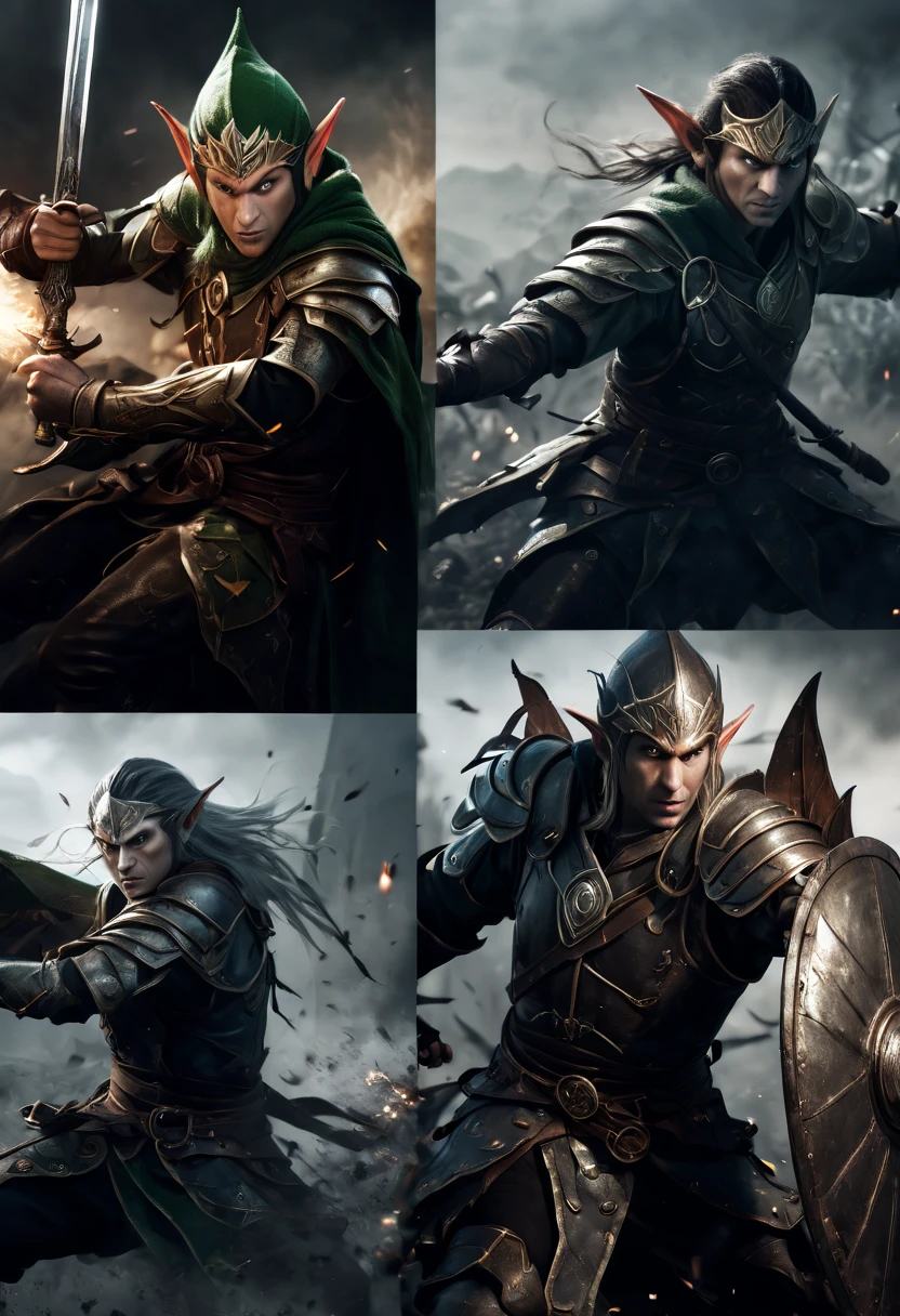 (first person,perspective,detailed,Elf Portraits:1.2,flying over,battlefield,capsuled elfs,ancient warriors,ancient armor,martial arts,misty atmosphere,dramatic lighting,high contrast,warrior in action,,action-packed,war cries,weapons clashing,fierce battles) thre side view, 1 side potrait,2 side close, 3 side in the batlle, face close up, (3 sections photo collage of an elf portaits)