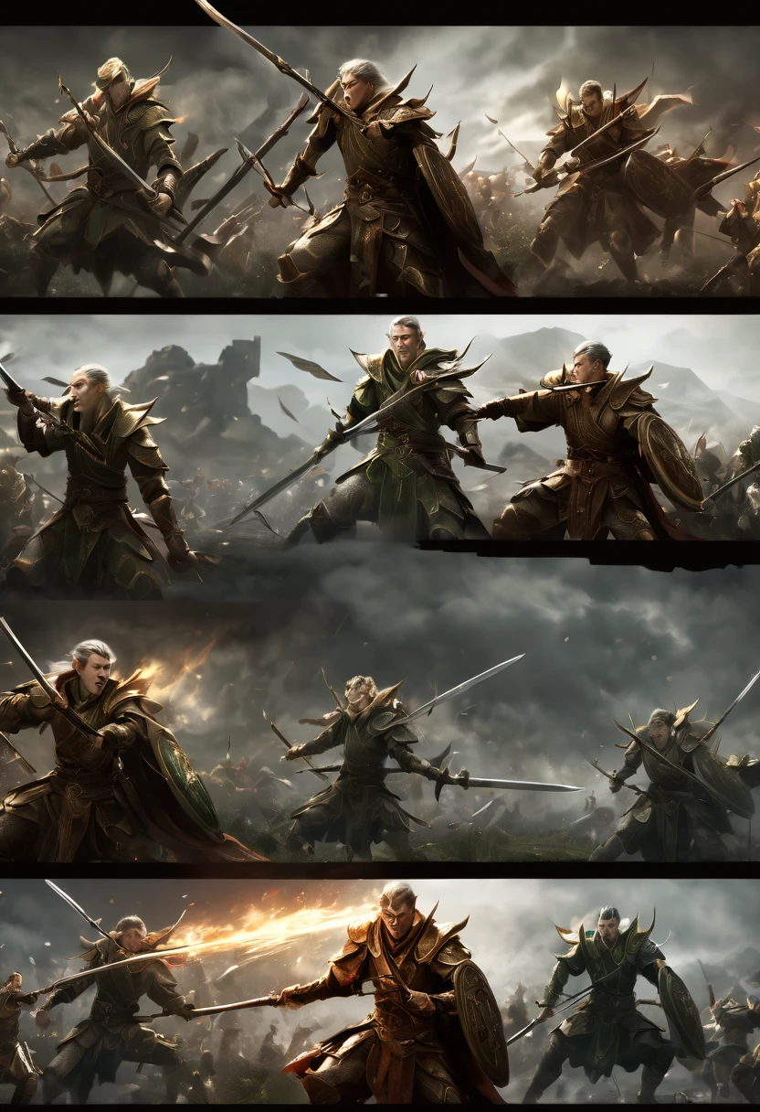 (first person,perspective,detailed,Elf Portraits:1.2,flying over,battlefield,capsuled elfs,ancient warriors,ancient armor,martial arts,misty atmosphere,dramatic lighting,high contrast,warrior in action,,action-packed,war cries,weapons clashing,fierce battles) thre side view, 1 side potrait,2 side close, 3 side in the batlle, face close up, (3 sections photo collage of an elf portaits)