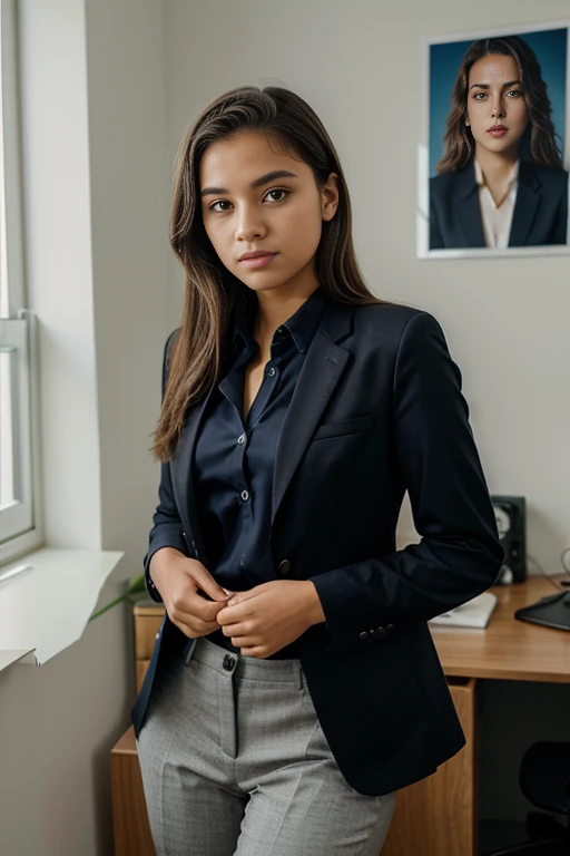 1 young teenager brazilian, 21 anos, pants suit,  blazer, button up shirt, head shots, business professional, elegante, office work