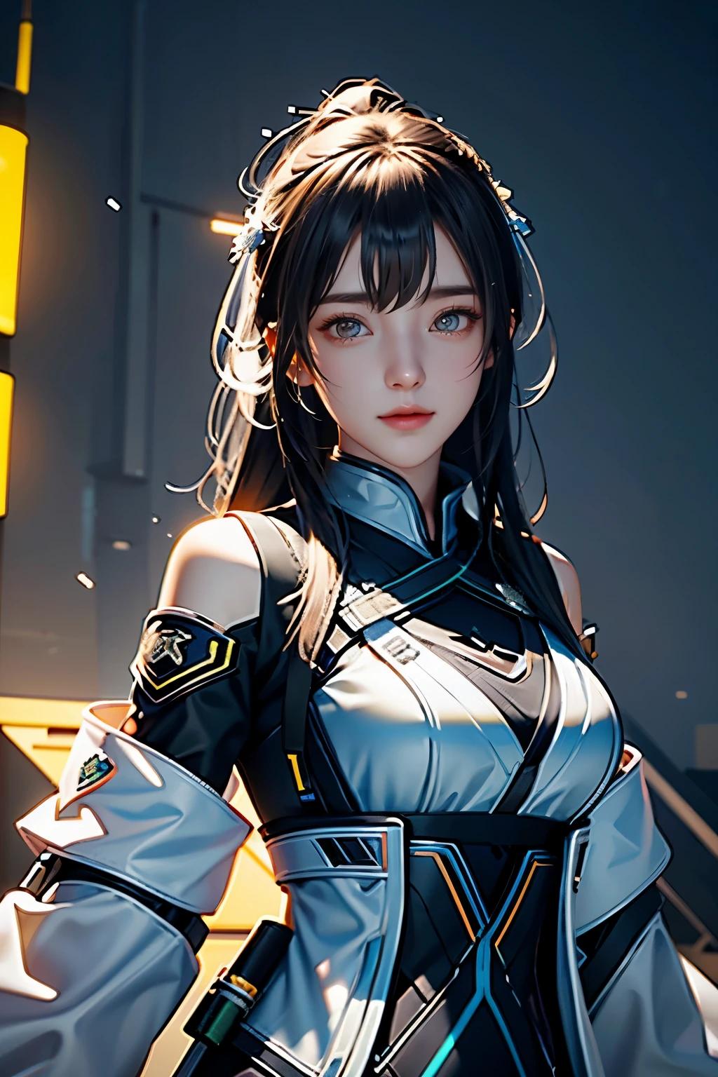 Game art,The best picture quality,Highest resolution,8K,((A bust photograph)),((Portrait)),(Rule of thirds),Unreal Engine 5 rendering works, (The Girl of the Future),(Female Warrior),22岁少女,(Hair random),(A beautiful eye full of detail),(Big breasts),优雅迷人,微笑,(皱眉),(Clothes full of futuristic sci-fi style,Sweater,A delicate pattern,Glittering jewels,Armor,White and red),赛博朋克人物,未来风格, 拍照姿势,街道背景,Movie lights,Ray tracing,Game CG,((3D Unreal Engine)),oc渲染反射纹