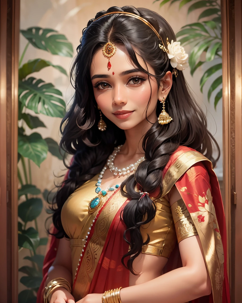 A beautiful sri lanka woman with long silky hair and black eyes, wearing a red sari dress and a pearl necklace, earring,smiling at the camera. --auto --s2
