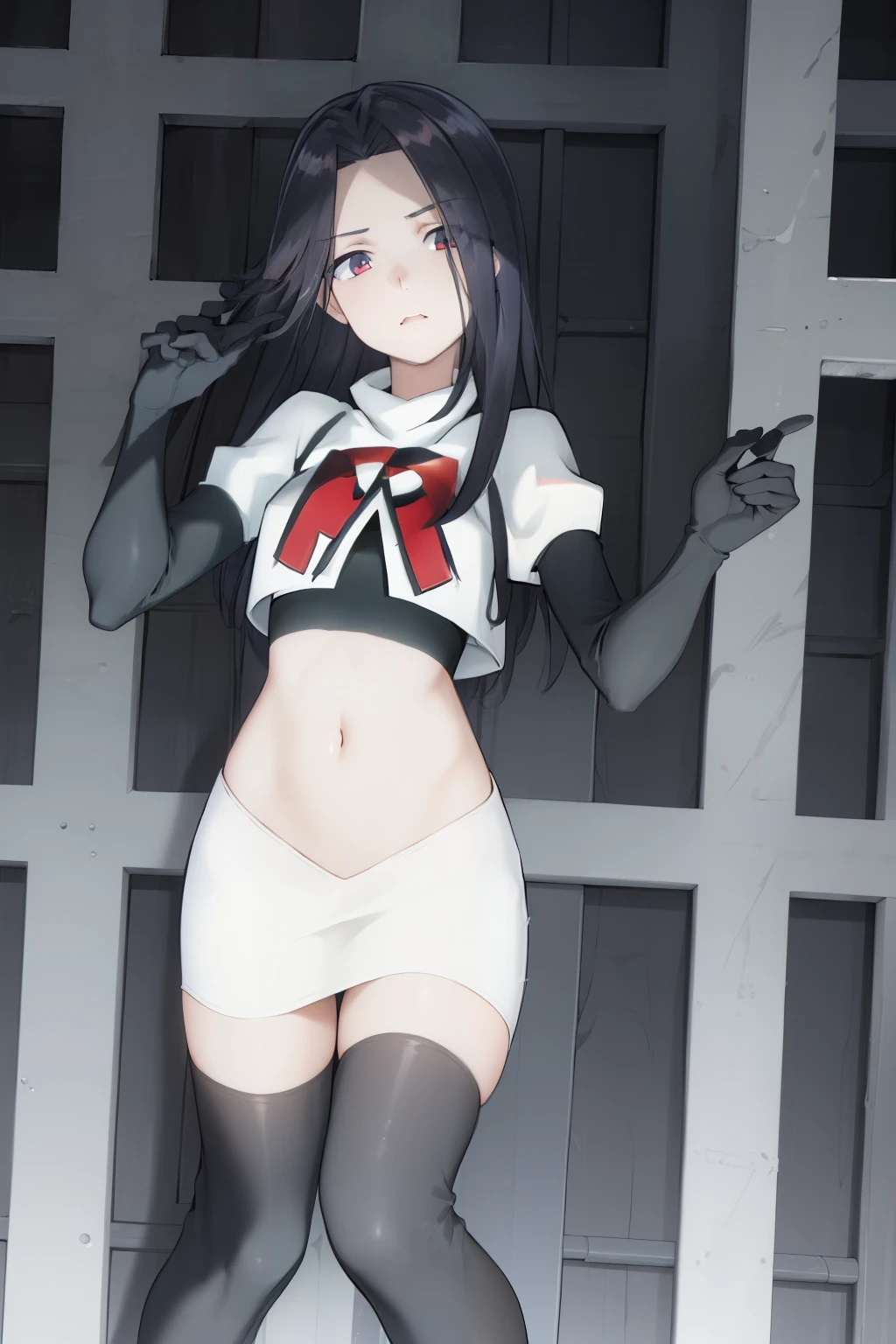 ((masterpiece, high quality, best quality, highres)):1.2, looking at viewer, cowboy shot,
team rocket,team rocket uniform, red letter R, white skirt,white crop top,black thigh-highs, black elbow gloves,  