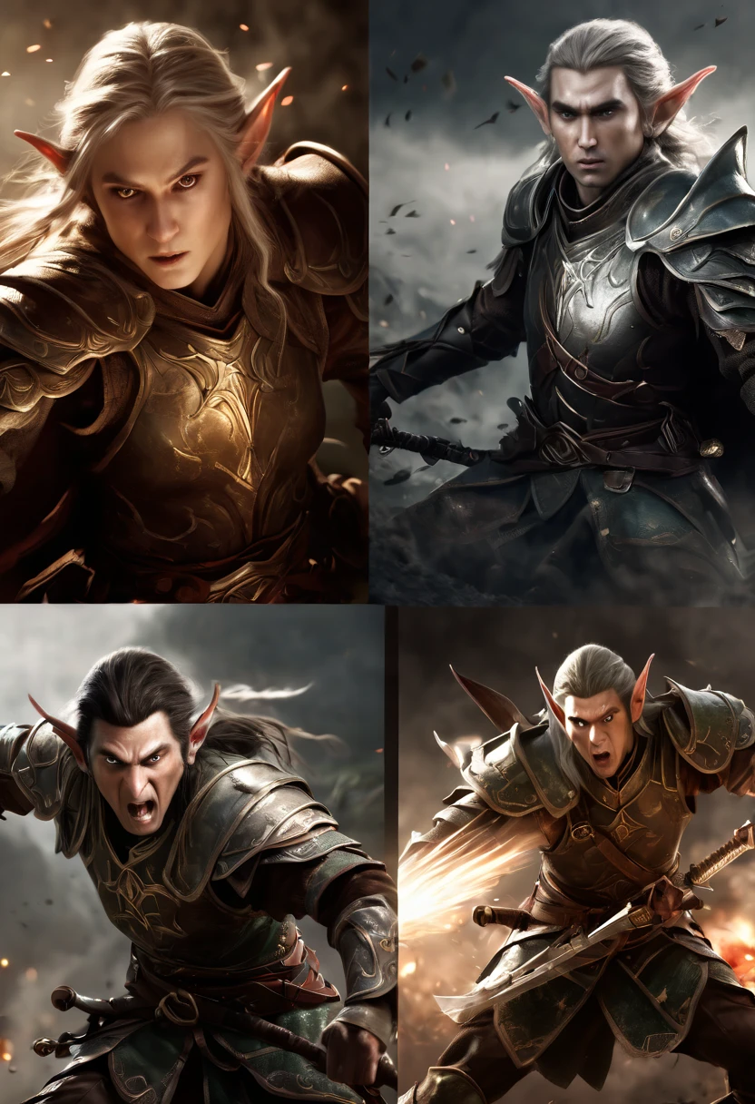 (first person,perspective,detailed,Elf Portraits:1.2,flying over,battlefield,capsuled elfs,ancient warriors,ancient armor,martial arts,misty atmosphere,dramatic lighting,high contrast,warrior in action,,action-packed,war cries,weapons clashing,fierce battles) thre side view, 1 side potrait,2 side close, 3 side in the batlle, face close up, (3 sections photo collage of an elf portraits closupe )