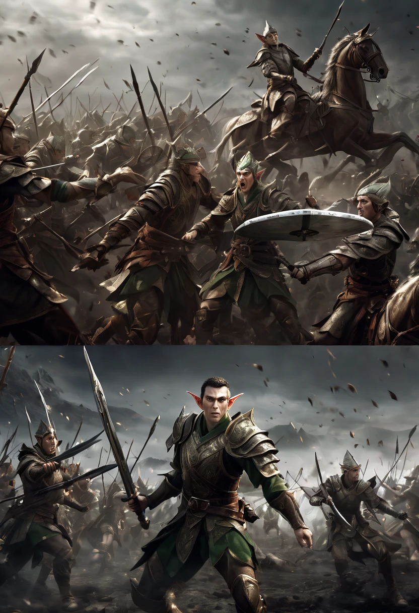 (first person,perspective,detailed,Elf Portraits:1.2,flying over,battlefield,capsuled elfs,ancient warriors,ancient armor,martial arts,misty atmosphere,dramatic lighting,high contrast,warrior in action,,action-packed,war cries,weapons clashing,fierce battles) thre side view, 1 side potrait,2 side close, 3 side in the batlle, face close up, (3 sections photo collage of an elf portraits closupe )