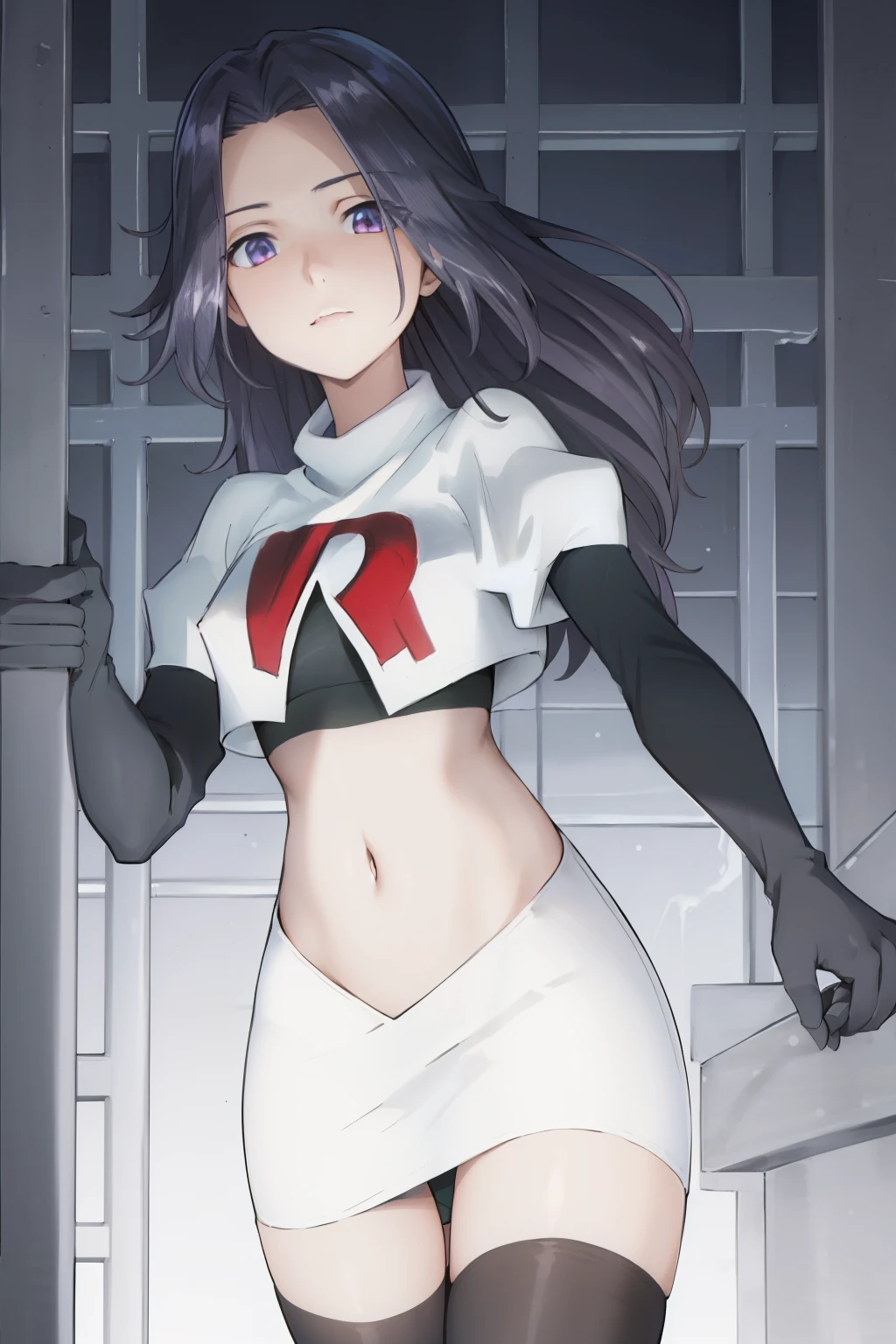 ((masterpiece, high quality, best quality, highres)):1.2, looking at viewer, cowboy shot,
team rocket,team rocket uniform, red letter R, white skirt,white crop top,black thigh-highs, black elbow gloves,