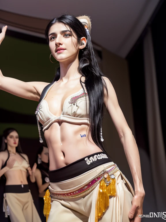Extremely detailed CG Unity 32K wallpaper, (raw photography, masterpiece, ultra-high definition, highest resolution:1.1), authentic, highest quality, (correct anatomy:1.5), dynamic, (intricately detailed face, extremely realistic skin texture:1.2), professional photo, POV, 1 girl, Japanese , 17 yrom front:1.4), solo, cowboy short, looking at viewer, (slim outline of the face:1.4), black hair, (ponytail:1.2), fairly detailed skin, (tan:1.4), oil, shiny skin, highly detailed eyes, (narrow and dark eyes:1.5), hyper-realistic nose and lips, (tall nose:1.3), light makeup, ((belly dancer:1.5)), (cleavage:1.2), ((tall, skinny:1.1)), ((beautiful breast:1.2)), ((perfect body proportion:1.3)), (((dancing:1.4))), (((indoor, stage, theater:1.3)))