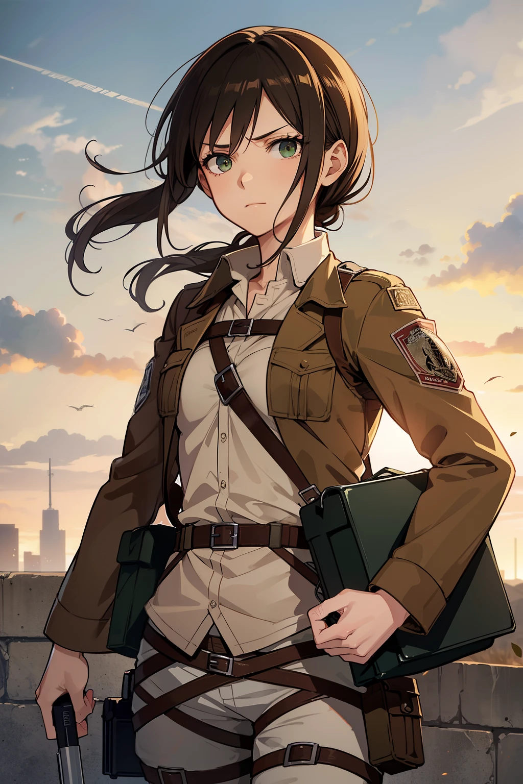 (high-quality, breathtaking),(expressive eyes, perfect face) 1female, girl , solo, young adult, medium length dark brown hair, soft wavy hair, curley hair, brown eyes, military uniform, survey corps attack on titan, shingeki no kyoji, white shirt, brown jacket, green eyes, gentle smile, gentle expression, pigtails, attack on titan art style
