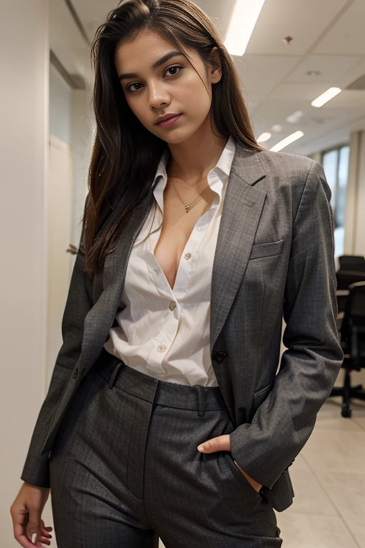 ung teen brazilian, 21 anos, pants suit,  blazer, button up shirt, head shots, business professional, elegante, office work, long hair