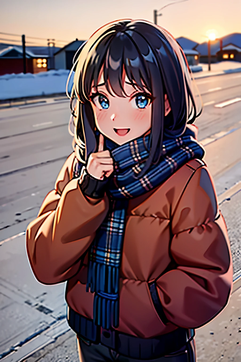 young girl, black hair long hair, blue eyes, shining blue eyes, wearing plaid yellow scarf, red jacket, black pants, looking at viewer, smiling, canada, rural city, thumbs up pose, in the snow, rural city, canada, snowed place,
