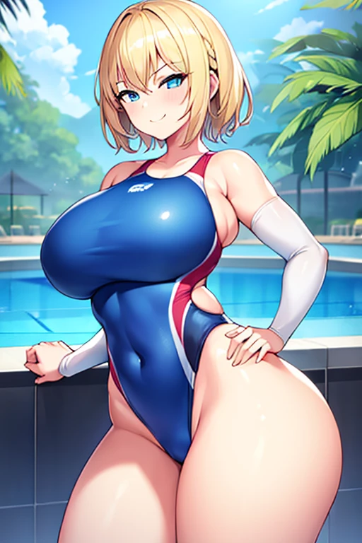 1girl, large breasts, wide hips, thick thighs, very short hair, blonde hair, blue eyes, smirk, smug, smile, one-piece swimsuit, competition swimsuit, white swimsuit, pool, sleeves, long sleeves, blue trim, blue line, bare legs, pool