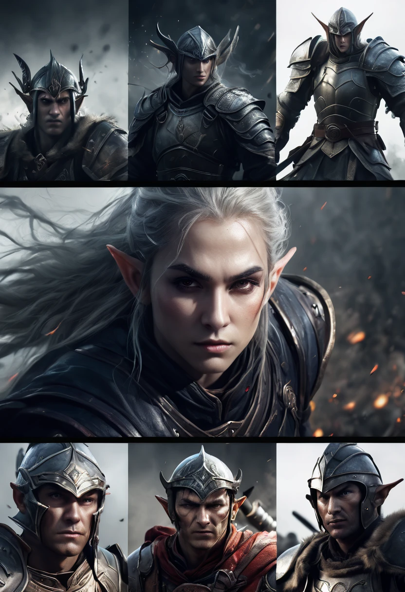 (first person,perspective,detailed,Elf Portraits:1.2,flying over,battlefield,capsuled elfs,ancient warriors,ancient armor,martial arts,misty atmosphere,dramatic lighting,high contrast,warrior in calm,-packed,war cries,weapons calm after battle) three side view, 1 side potrait,2 side close, 3 side in the batlle, face close up, (3 face portraits photo collage) ((close up face))