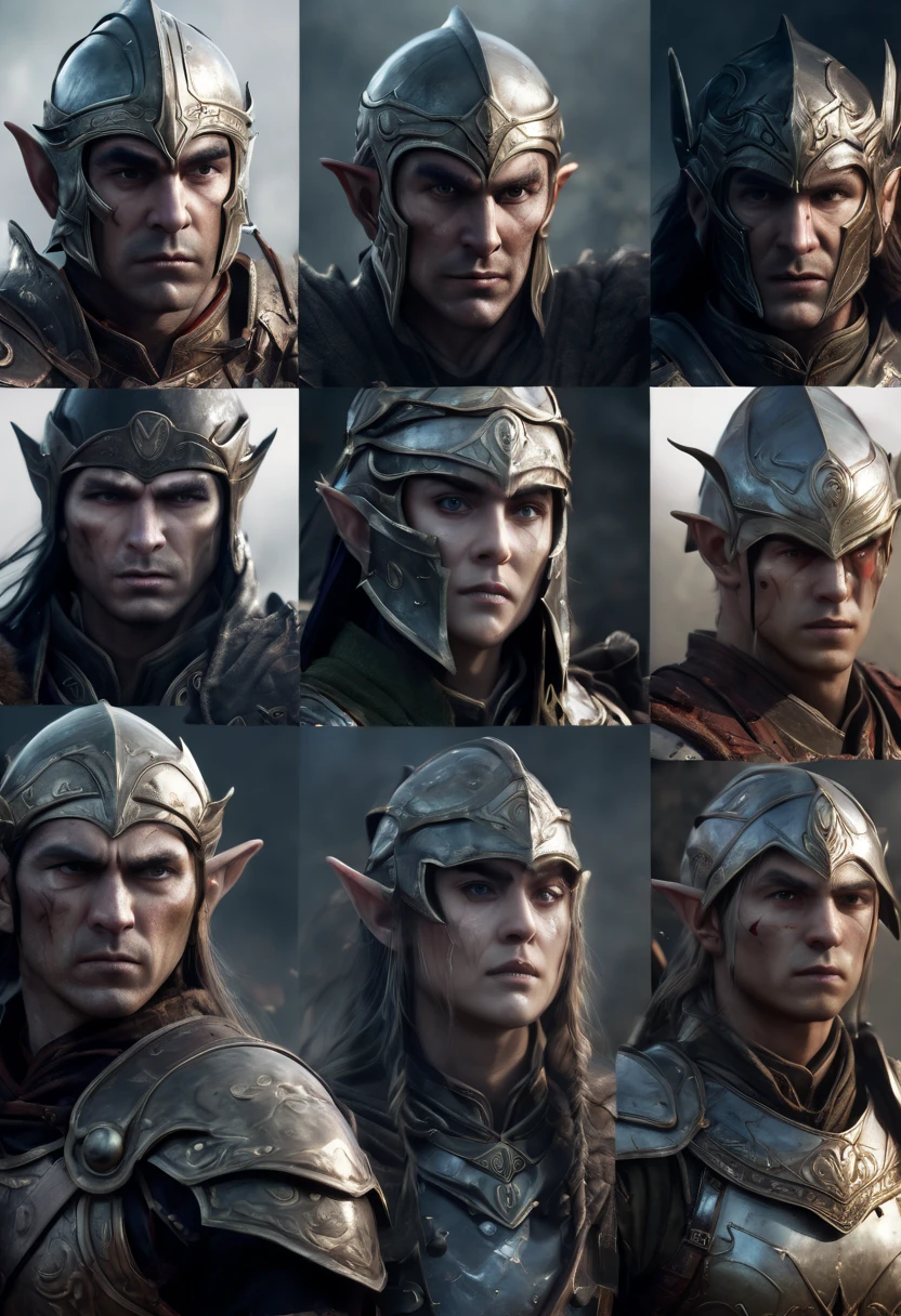 (first person,perspective,detailed,Elf Portraits:1.2,flying over,battlefield,capsuled elfs,ancient warriors,ancient armor,martial arts,misty atmosphere,dramatic lighting,high contrast,warrior in calm,-packed,war cries,weapons calm after battle) three side view, 1 side potrait,2 side close, 3 side in the batlle, face close up, (3 face portraits photo collage) ((close up face))