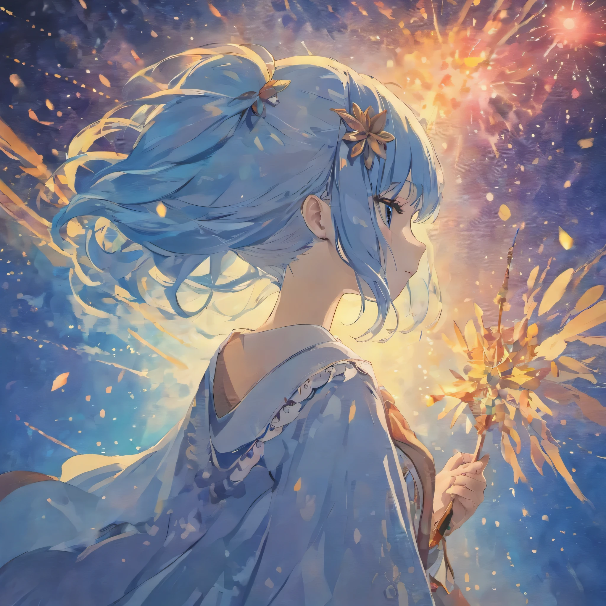 (best quality, high resolution, super detailed, cinematic), Solitary, 1 girl, charming, happiness, 女孩Rear view在浅蓝色的花田里, KON'Can't see the face,Surrounded by light blue petals, whole body, Blue-haired girl,Rear view, watercolor, pastel colors, Nebula in the sky, blue tree.