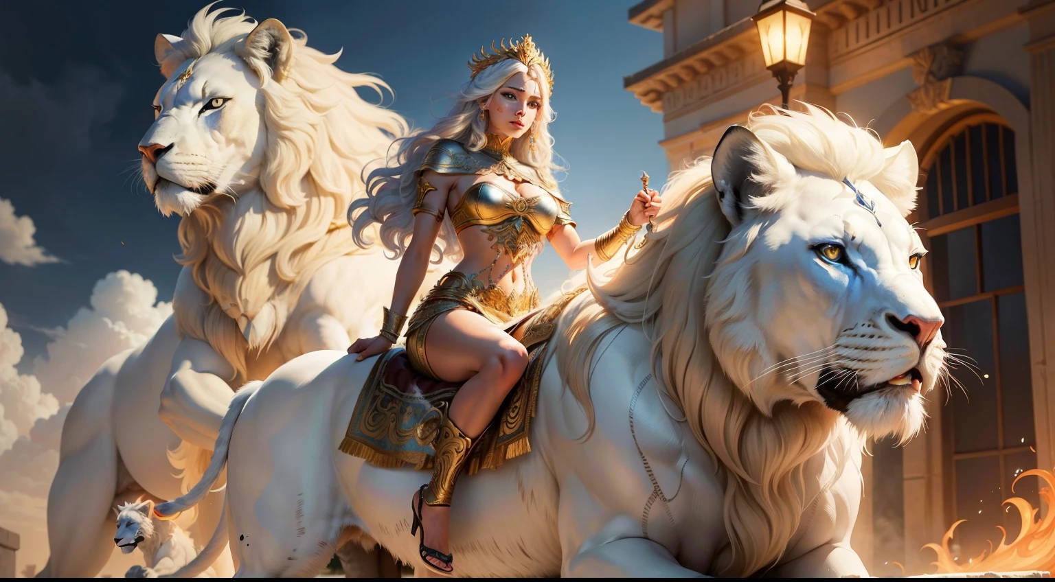 image of a Greek goddess riding a white lion, graphic artist Magali Villeneuve, lion warrior, Magali Villeneuve', fantasia de mulher paladina, por Magali Villeneuve, inspired por Magali Villeneuve, lenda das criptas, Direction: Zeen Chin, arte de fantasia de alta qualidade, Armadura Branca, retrato de paladino feminino