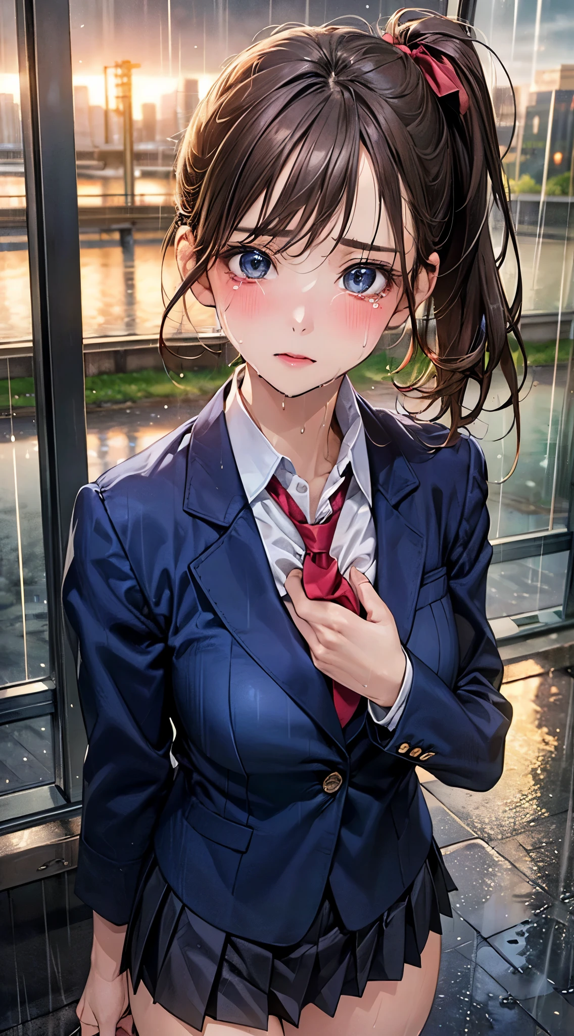 (masterpiece:1.2, top-quality), (realistic, photorealistic:1.4), beautiful illustration, (natural side lighting, movie lighting),
looking at viewer, cowboy shot, front view, close-up:1.5, 1 girl, japanese, high school girl, perfect face, cute and symmetrical face, shiny skin,
(middle hair:1.5, side ponytail:1.6, light brown hair), hairline, asymmetrical bangs, blue eyes, long eyelasher, (large breasts:0.9, thick thighs),
beautiful hair, beautiful face, beautiful detailed eyes, beautiful clavicle, beautiful body, beautiful chest, beautiful thigh, beautiful legs, beautiful fingers,
((navy blazer, light blue collared shirts, navy pleated mini skirt, socks, red ribbon tie)), pink panties,
(beautiful scenery), (((evening), rain:1.8, rainy, wet body)), cityscape, walking, hands on chest, (tearful, upper eyes),