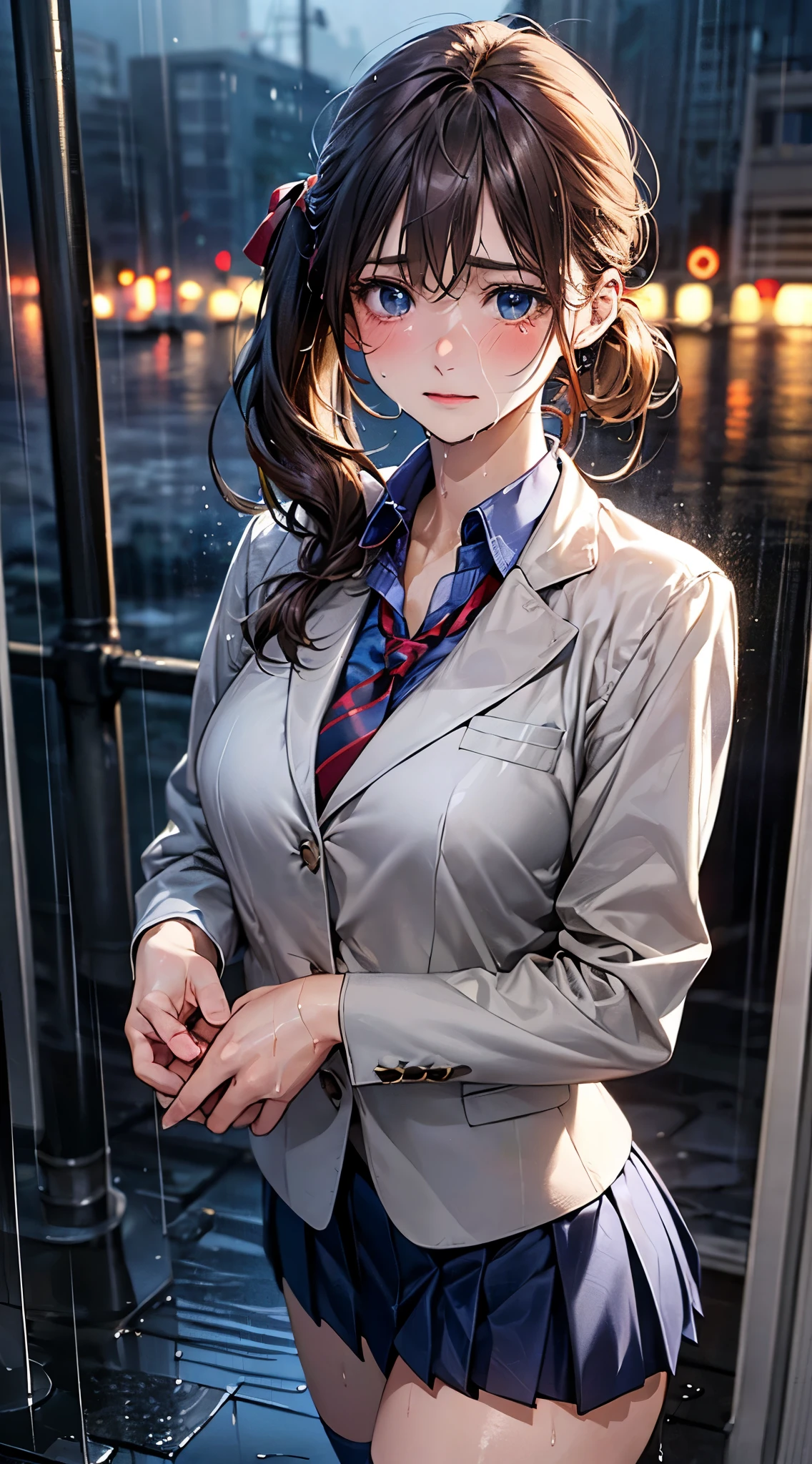 Anime girl in a short skirt and jacket posing for a picture - SeaArt AI