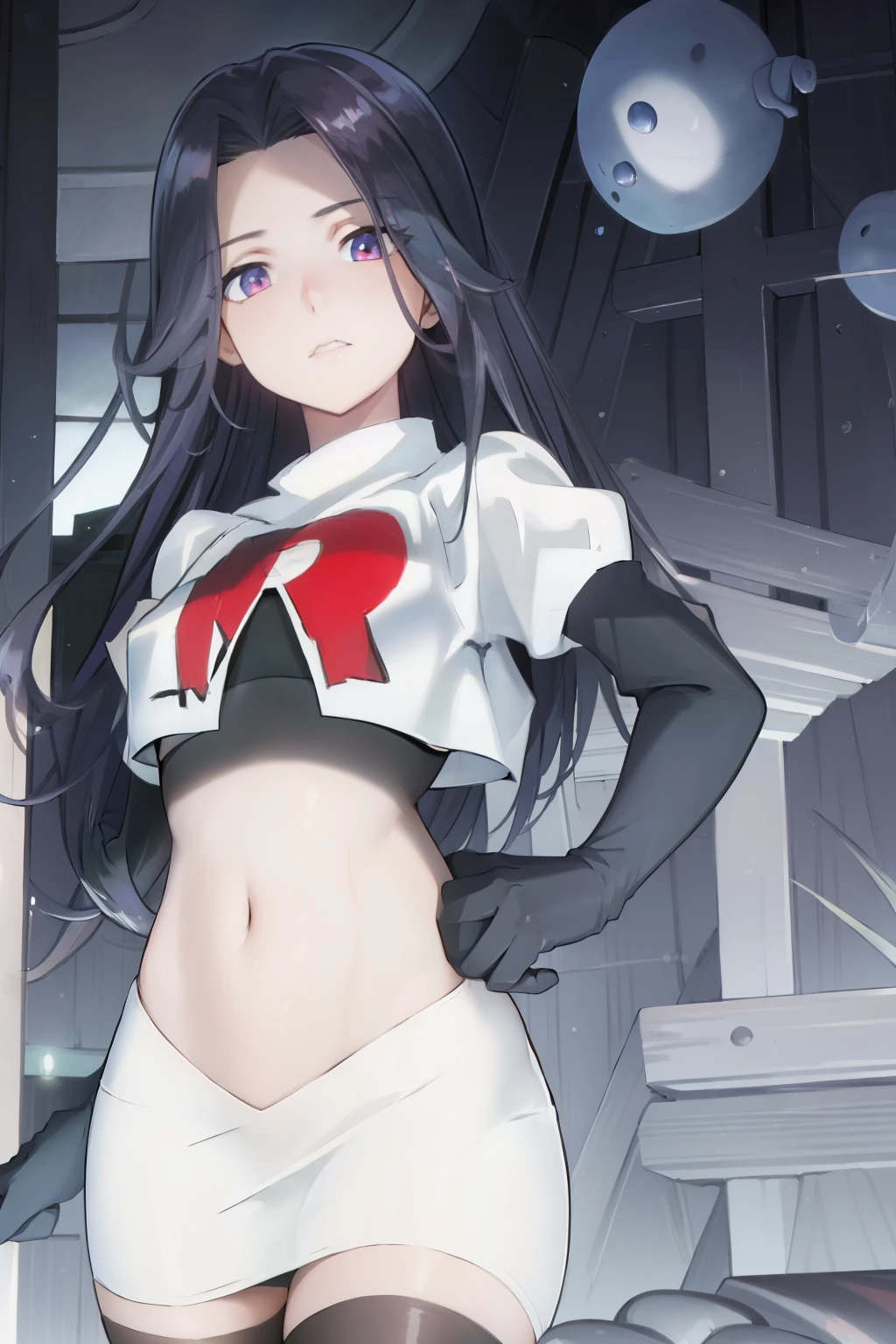 ((masterpiece, high quality, best quality, highres)):1.2, looking at viewer, cowboy shot,
team rocket,team rocket uniform, red letter R, white skirt,white crop top,black thigh-highs, black elbow gloves,  