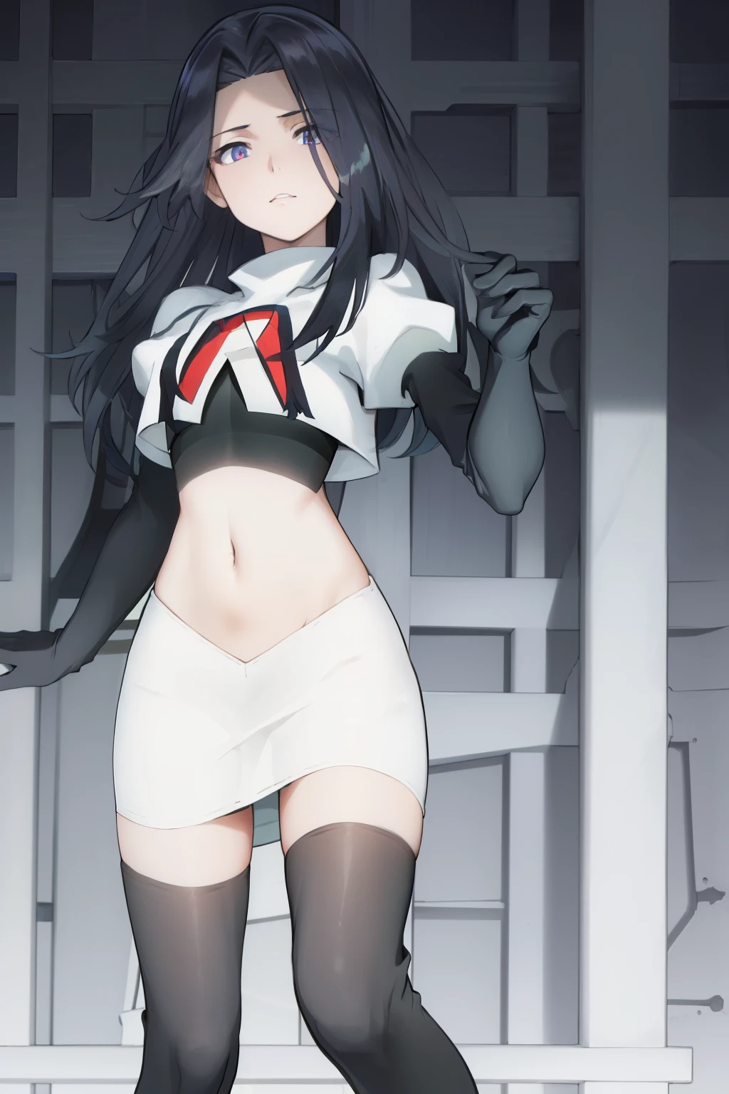 ((masterpiece, high quality, best quality, highres)):1.2, looking at viewer, cowboy shot,
team rocket,team rocket uniform, red letter R, white skirt,white crop top,black thigh-highs, black elbow gloves,  