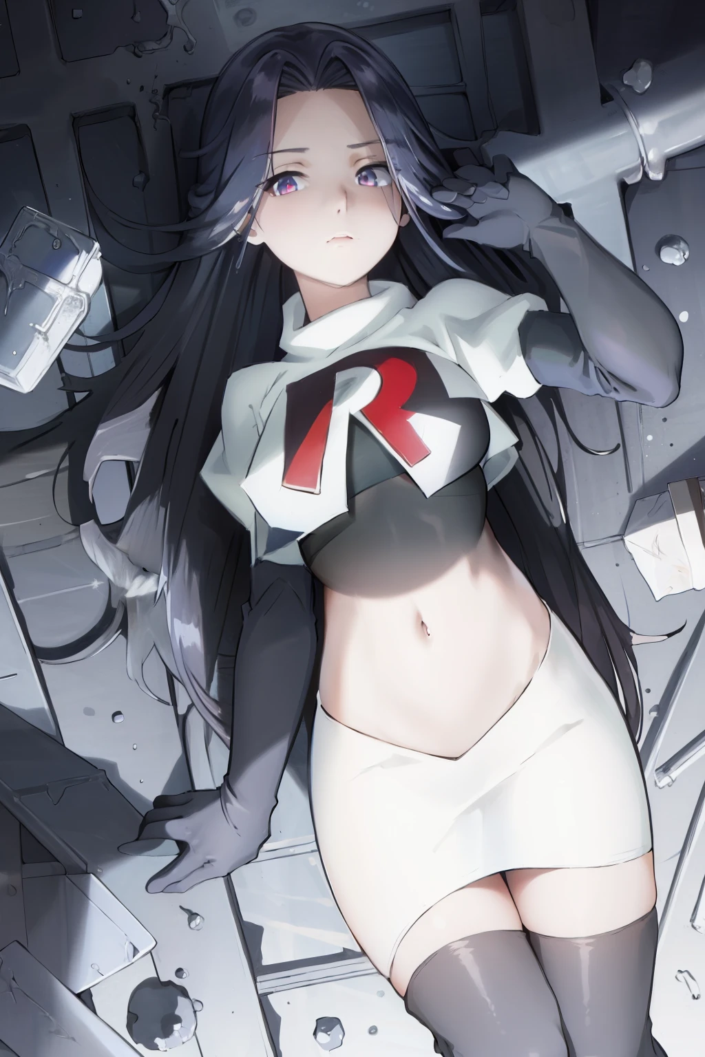 ((masterpiece, high quality, best quality, highres)):1.2, looking at viewer, cowboy shot,
team rocket,team rocket uniform, red letter R, white skirt,white crop top,black thigh-highs, black elbow gloves,  