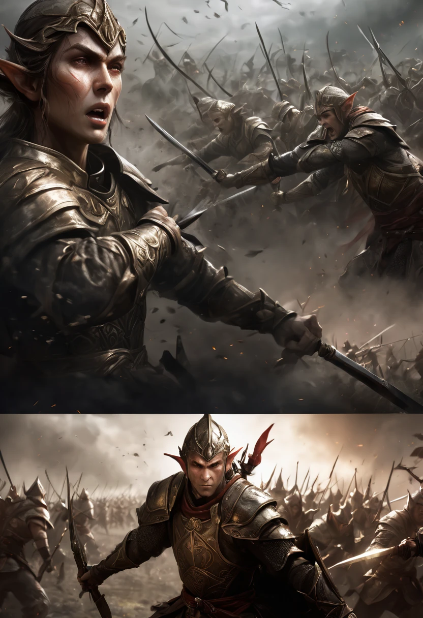 (first person,perspective,detailed,Elf Portraits:1.2,flying over,battlefield,capsuled elfs,ancient warriors,ancient armor,martial arts,misty atmosphere,dramatic lighting,high contrast,warrior in action,,action-packed,war cries,weapons clashing,fierce battles) thre side view, 1 side potrait,2 side close, 3 side in the batlle, face close up, (3 face portraits photo collage) ((close up face))