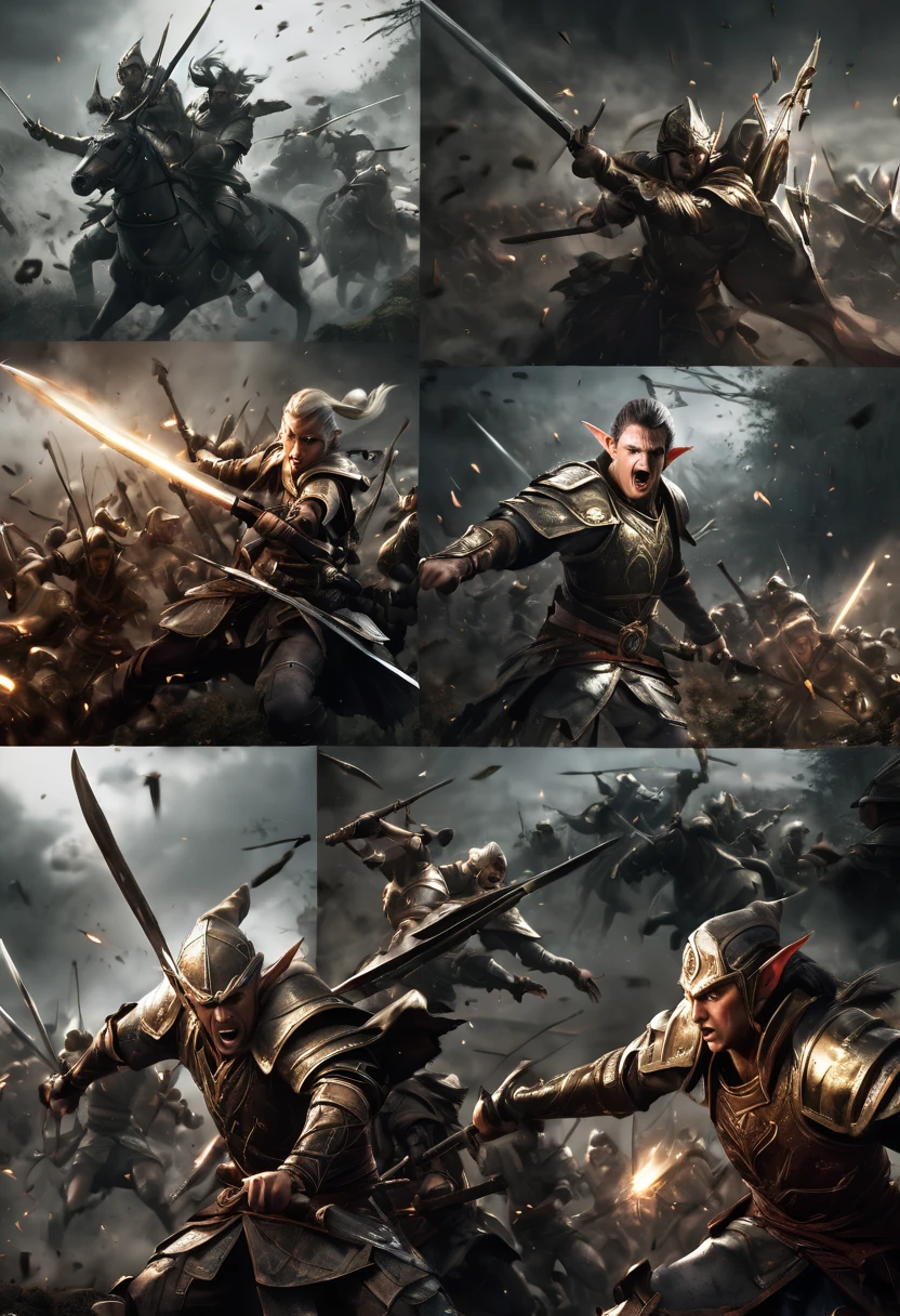 (first person,perspective,detailed,Elf Portraits:1.2,flying over,battlefield,capsuled elfs,ancient warriors,ancient armor,martial arts,misty atmosphere,dramatic lighting,high contrast,warrior in action,,action-packed,war cries,weapons clashing,fierce battles) thre side view, 1 side potrait,2 side close, 3 side in the batlle, face close up, (3 face portraits photo collage) ((close up face))