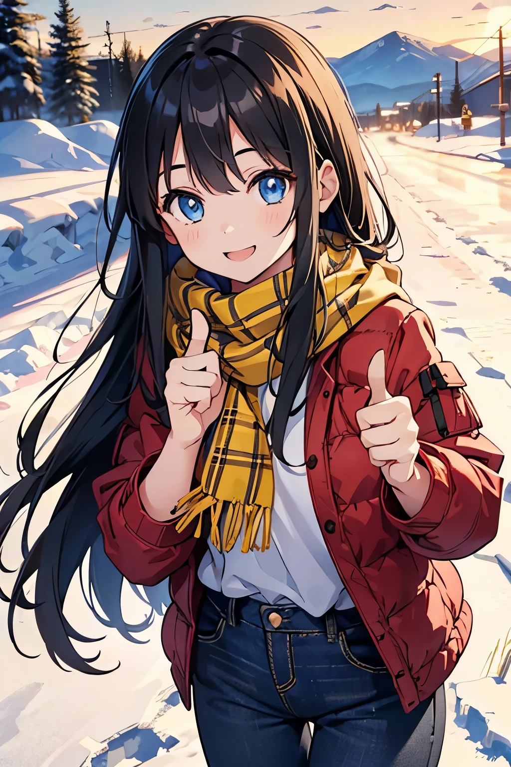 young girl, black hair long hair, blue eyes, shining blue eyes, wearing plaid yellow scarf, red jacket, black pants, looking at viewer, smiling, canada, rural city, thumbs up pose, in the snow, rural city, canada, snowed place,
