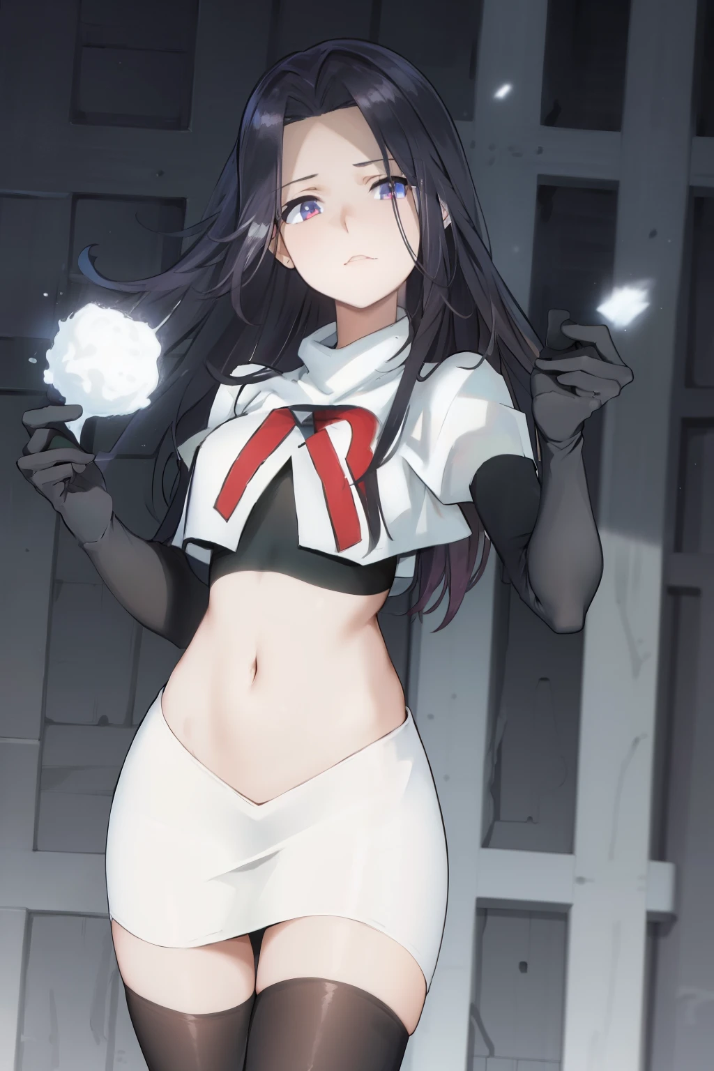 ((masterpiece, high quality, best quality, highres)):1.2, looking at viewer, cowboy shot,
team rocket,team rocket uniform, red letter R, white skirt,white crop top,black thigh-highs, black elbow gloves,  