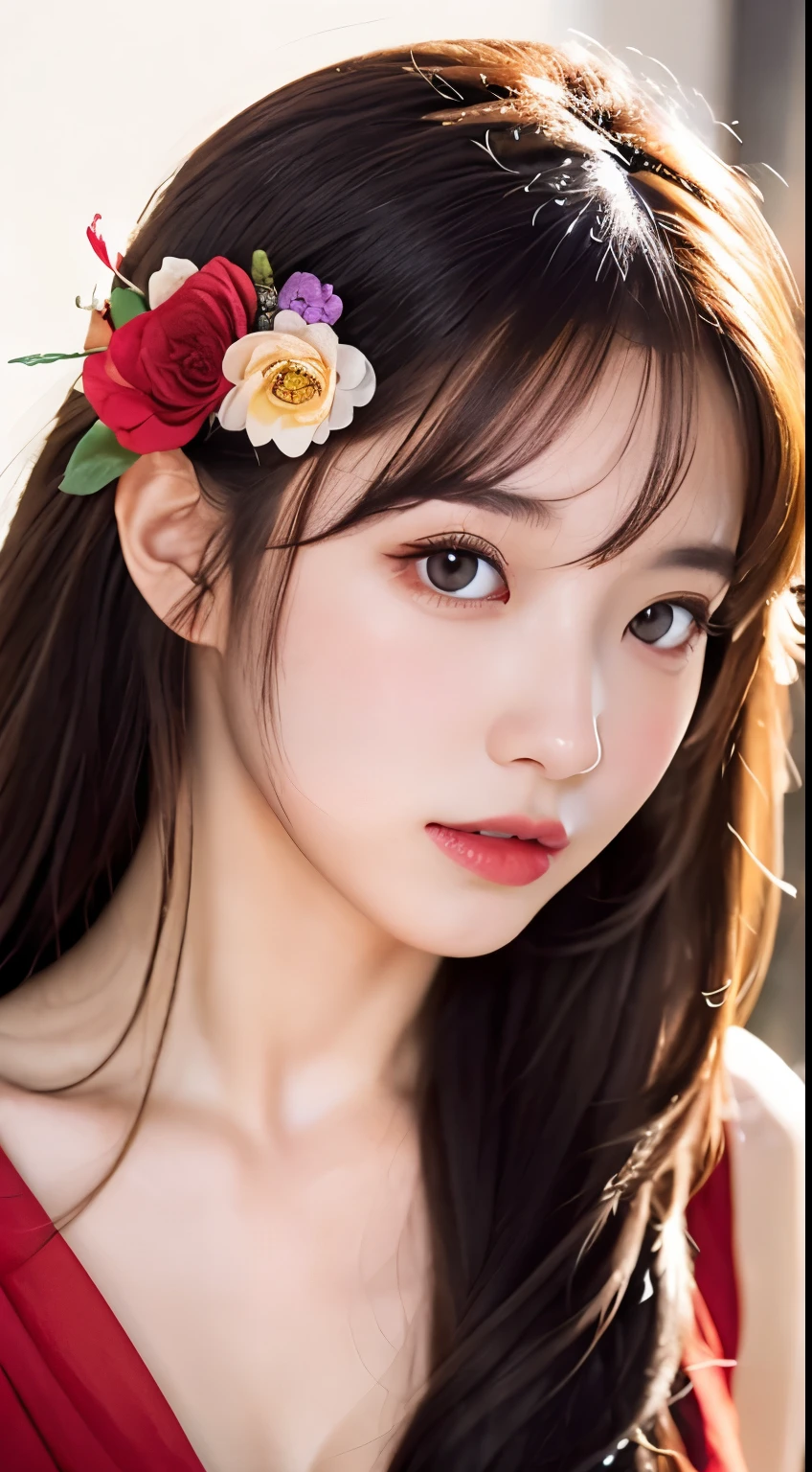 (masutepiece),(Best Quality:1.0), (超A high resolution:1.0), detailed illustration,fullbody image、 8K, Anime, 1girl in, Beautiful anime girl, wearing red dress, flowercrown, Pretty Face, Detailed face, Beautiful eyes, Detailed eyes, Dark blue eyes, bright red lips, Red Lipstick, beadetailed stylish hair, highlights in hair, Bangs anime style, Best Quality, Vibrant