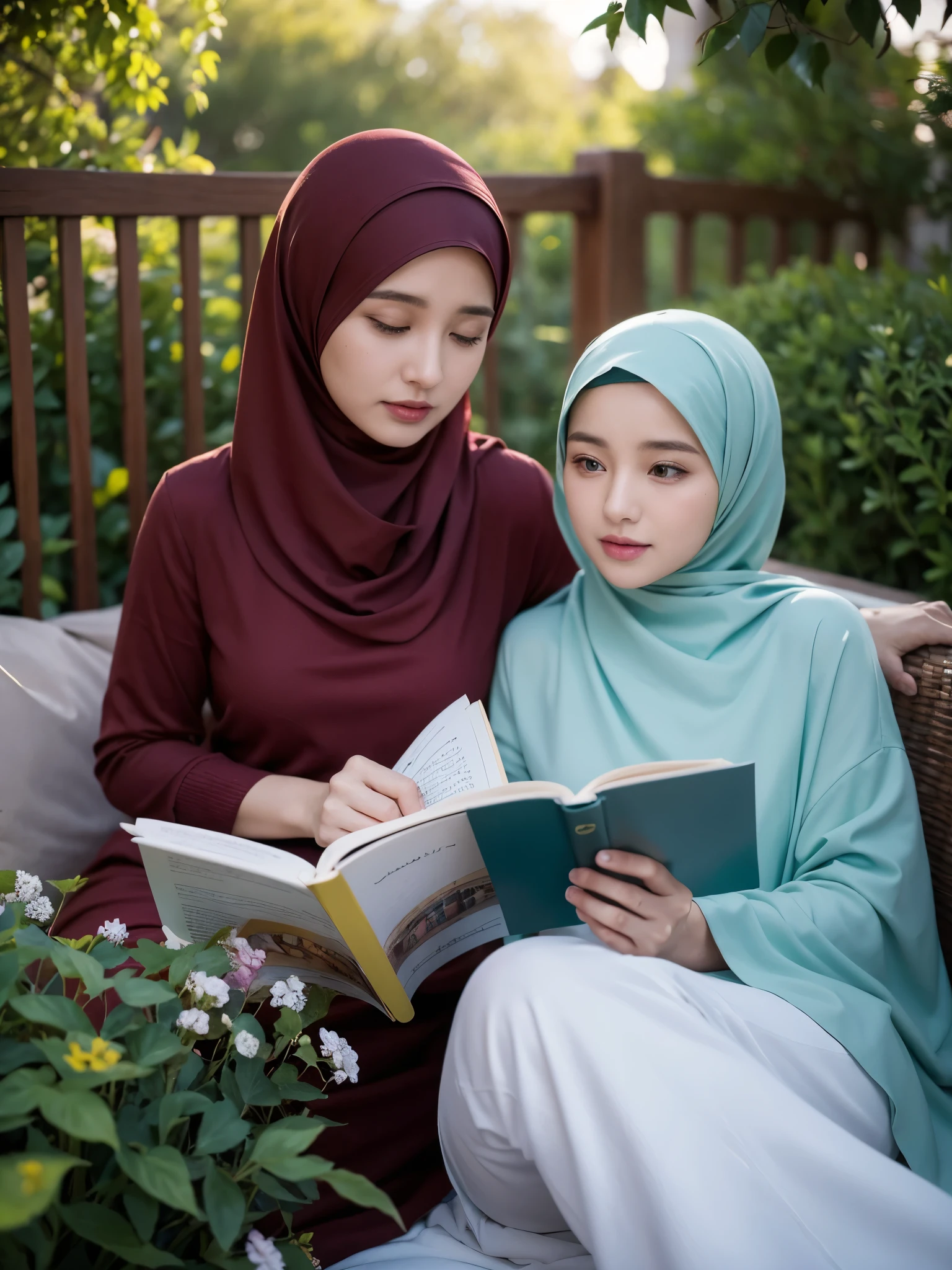 Scenes of a 37 years old mom reading a book with her 18 years old daughter, at the garden, warm scene, dramatic scene, muslim dress, closed outfit, wearing hijab, 8k resolution, masterpiece, best quality, eyes on viewer, eyes on camera
