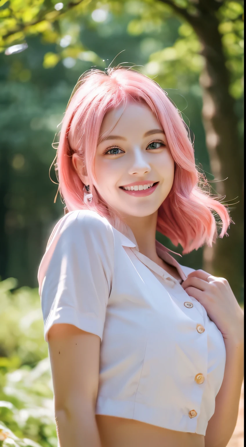 (masterpiece, best quality:1.4), (8k, raw photo, photo realistic:1.3), sharp focus, cinematic lighting, upper body, 1 girl, pink hair, looking at viewer, forest, white shirt, extremely beautiful face, smile