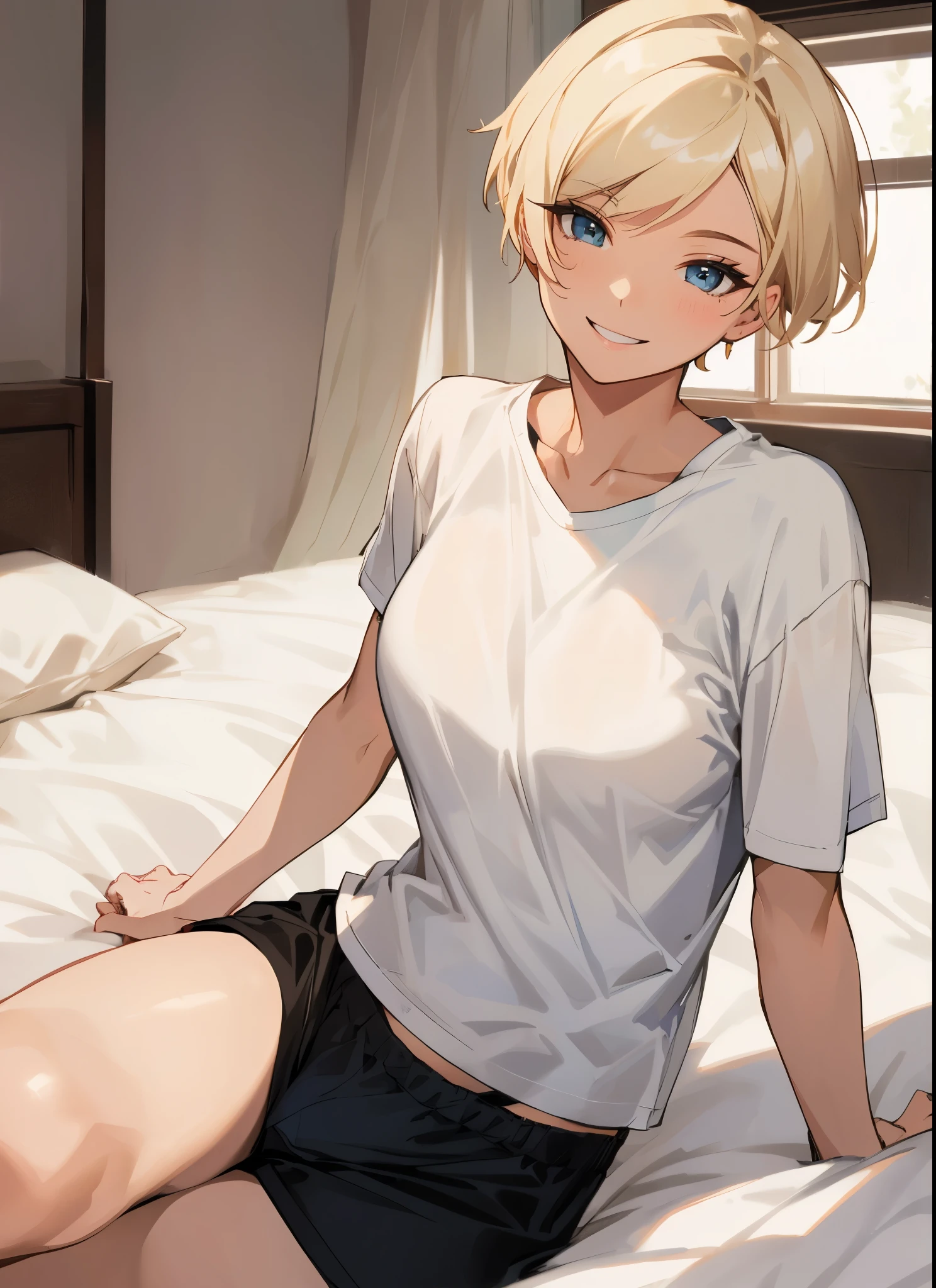 high quality, subsurface scattering, chromatic lighting,
colorized, yellow + black limited color palette,
detailed concept drawing,
in a bed room, sleep wear,
portrait, 20yo 1girl, medium soft breasts, slender, yellow hair, yellow eyes, smiling