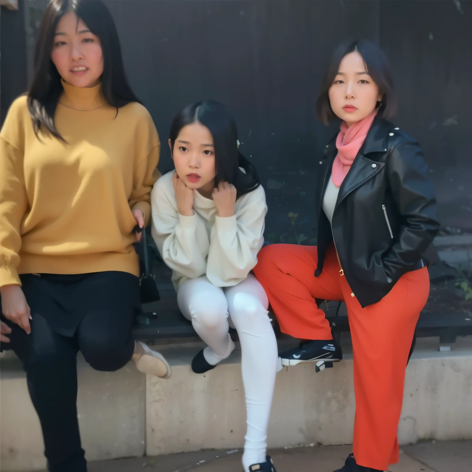 there are Three women sitting on a bench together posing for a picture, Inspired by Zhang Xiaogang, beautiful painting of friends, 全身portrait, portrait, Three women, inspired by Yanjun Cheng, color portrait, photorealistic paintings, 布面数字painting, in a painting style, [ painting ]!!, group picture, Very thick and oily