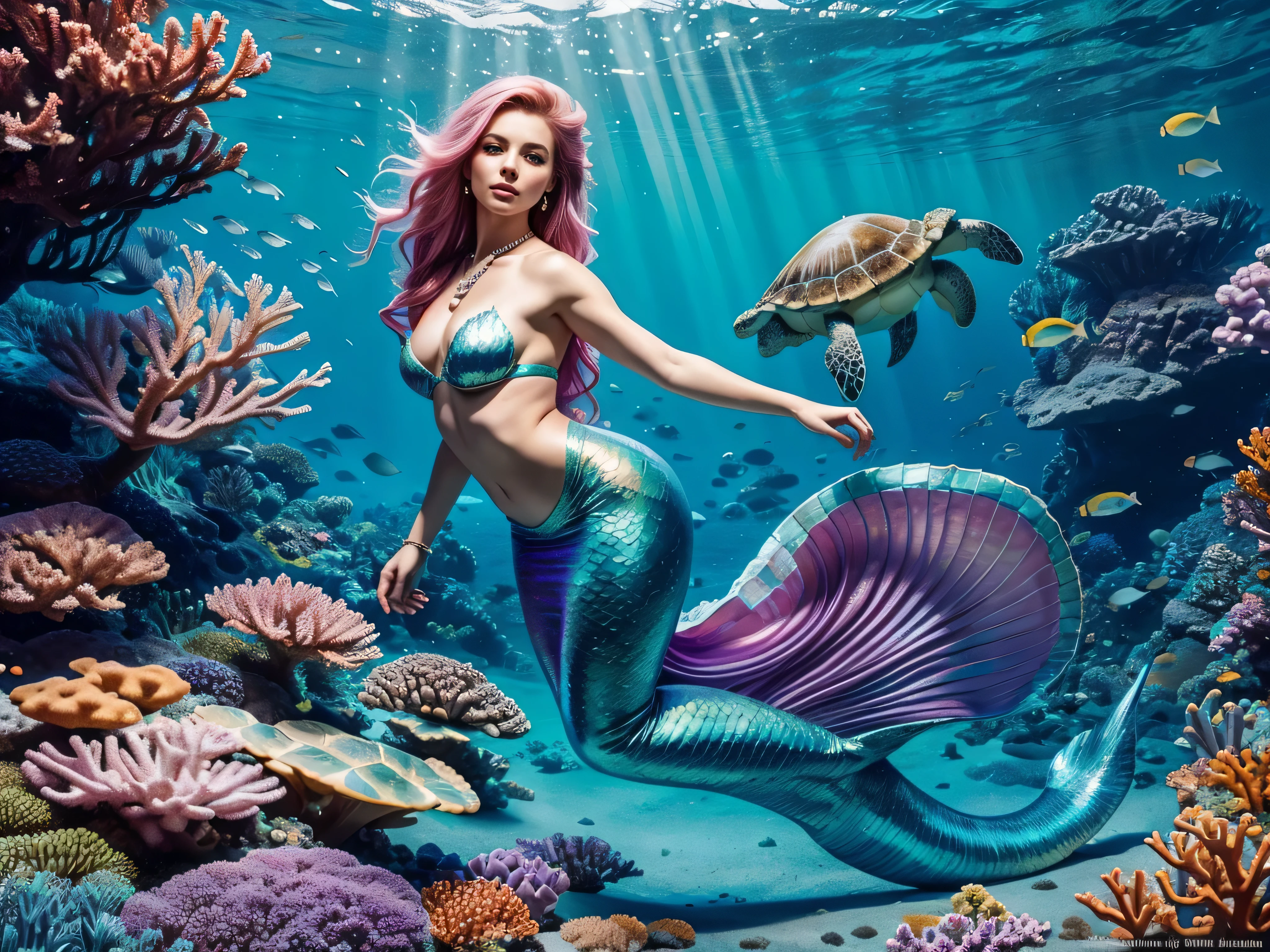 Create a digital artwork of a mermaid with long, flowing hair that cascades down her back and shimmers in the light. Her tail should be iridescent and multi-colored, blending from blues and greens near her torso to bright pinks and purples at the end. She has full lips, high cheekbones, and captivating eyes that glimmer like the ocean depths. The mermaid is seductively lounging on a rock formation surrounded by a vibrant coral reef teeming with marine life. In one hand she holds a pearl necklace, while the other gently strokes the head of a friendly sea turtle beside her., large breast, (full body:1.5)
