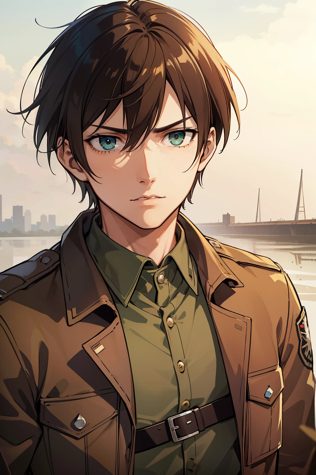 (high-quality, breathtaking),(expressive eyes, perfect face) 1male, male , solo, young adult, medium length light brown hair, spiky hair, messy hair, black eyes eyes, military uniform, survey corps attack on titan, shingeki no kyoji, white shirt, brown jacket, green eyes, gentle smile, gentle expression, attack on titan art style
