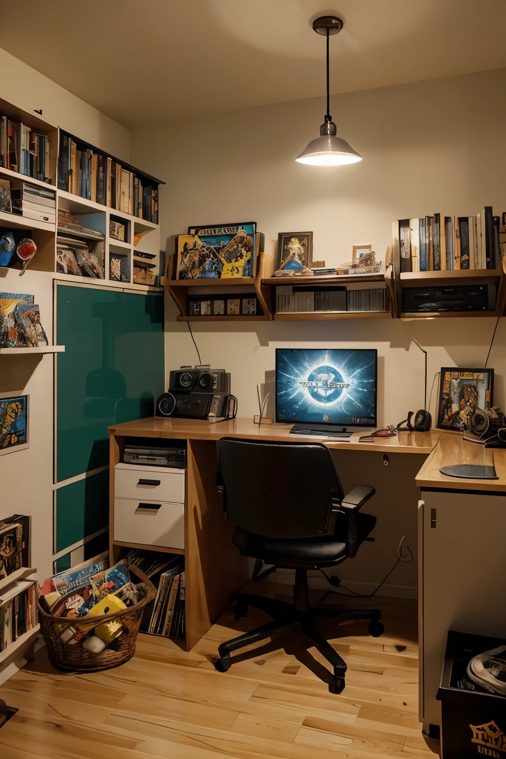 Draw a nerdy scenario/otaku em formato 2.048 x 1.152 pixels, without the presence of characters. The environment is a meticulously decorated room, repleto de elementos que refletem a cultura nerd e otaku.
The walls are covered in colorful movie posters, Series, jogos e animes, Creating a dynamic atmosphere. Shelves display collections of action figures, Manga, and other collectibles neatly organized. Em uma parede, a board game shelf adds an additional touch to the nerd theme.
Uma escrivaninha abriga um computador ou laptop, with peripherals such as themed keyboard and mouse. Ao lado, there is a shelf with a variety of geek items, como uma miniatura do Millennium Falcon, uma espada samurai de brinquedo, and other emblematic objects of nerd culture.
A soft rug on the floor creates a cozy atmosphere, while movie themed pillows, Series ou animes estão estrategicamente posicionadas. A quirky lamp illuminates the room with soft light, Adding a special touch to the scenery.
Detalhes adicionais, as decorative elements inspired by video games and technology, contribuem para criar um ambiente atraente e envolvente para os entusiastas da cultura nerd e otaku.
Add vibrant colors and details that express the passion and diversity of geek culture, capturing the essence of this space dedicated to film lovers, Series, jogos e animes.