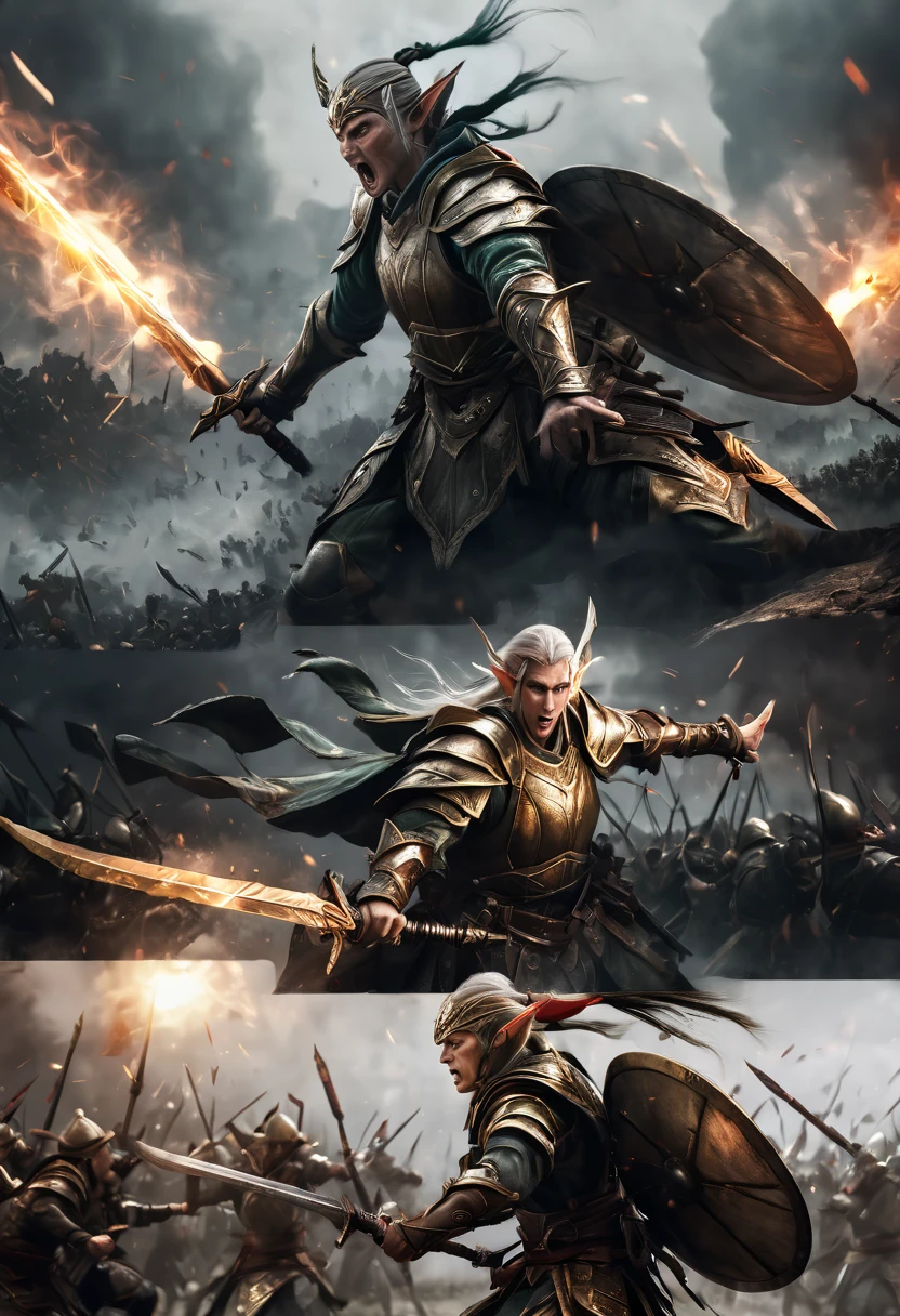 (first person,perspective,detailed,Elf Portraits:1.2,flying over,battlefield,capsuled elfs,ancient warriors,ancient armor,martial arts,misty atmosphere,dramatic lighting,high contrast,warrior in action,,action-packed,war cries,weapons clashing,fierce battles) thre side view, 1 side potrait,2 side close, 3 side in the batlle, face close up, (3 face portraits photo collage) ((face close up))