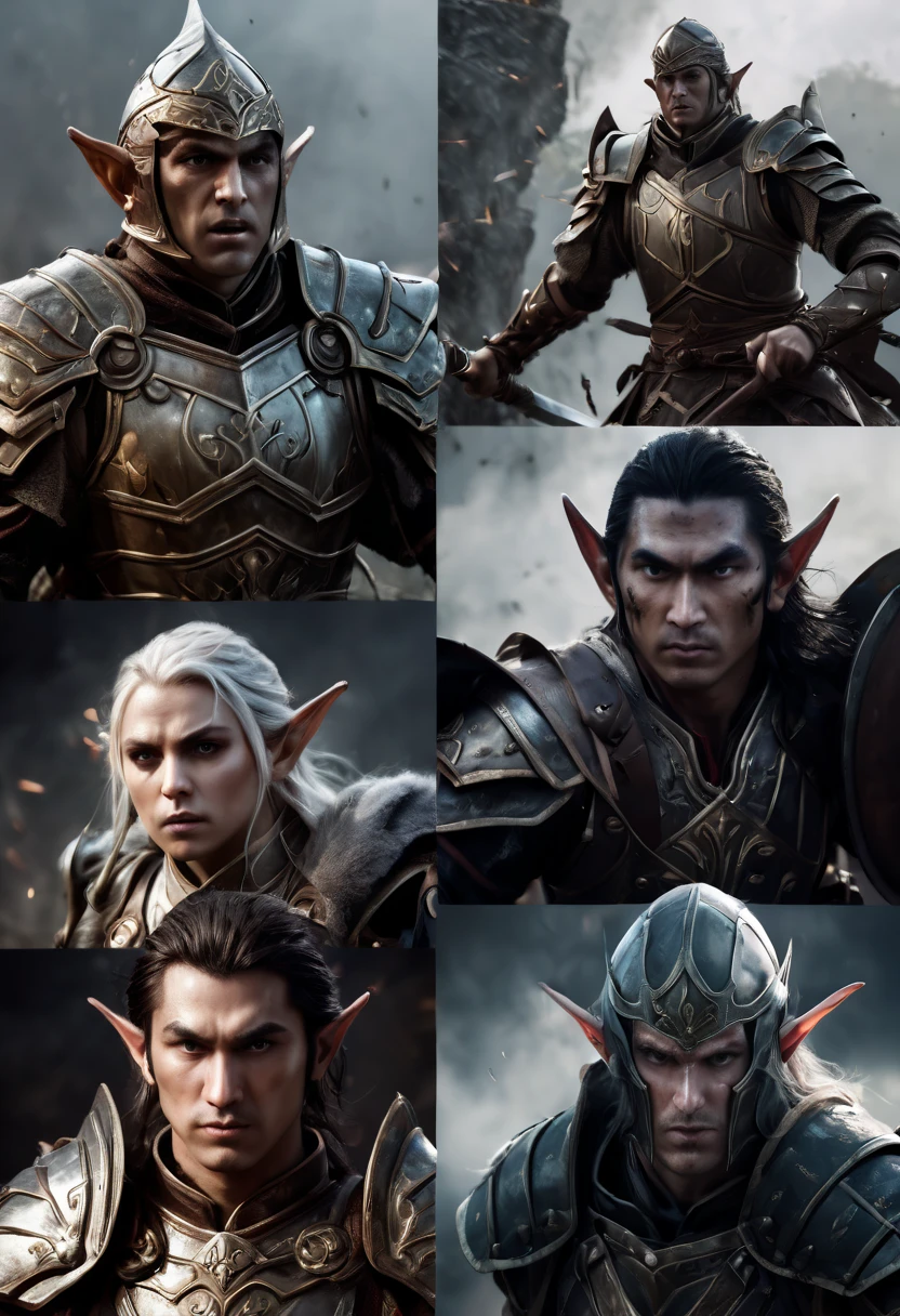 (first person,perspective,detailed,Elf Portraits:1.2,flying over,battlefield,capsuled elfs,ancient warriors,ancient armor,martial arts,misty atmosphere,dramatic lighting,high contrast,warrior in action,,action-packed,war cries,weapons clashing,fierce battles) thre side view, 1 side potrait,2 side close, 3 side in the batlle, face close up, (3 face portraits photo collage) ((close up face))