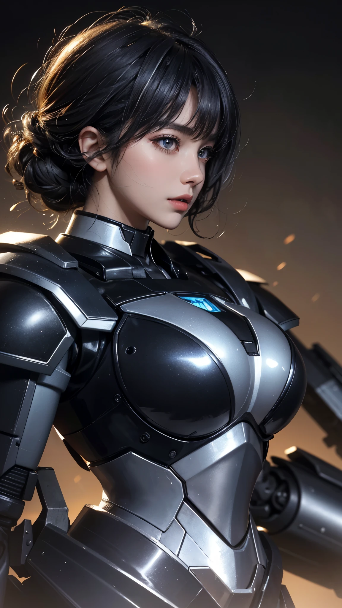 (UHD, retina, masterpiece, accurate, anatomically_correct, textured_skin, super_detail, high_details, high_quality, best_quality, high_res, 1080P, HD, 4K, 8k, 16k), (beautiful_detailed_eyes, beautiful_detailed_lips, extremely_detailed_eyes_and_face), soft_lighting, physically-based_rendering, vivid_colors, (large_breasts:1.5), (shiny_hair, shiny_skin, tanned_skin), eye_reflection, (bangs:1.5), (splash_curl:1.2), (bokeh), semi-profile_view, (black_mecha, black_armor, profile, silver_hair:1.5), glowing_red_eyes,