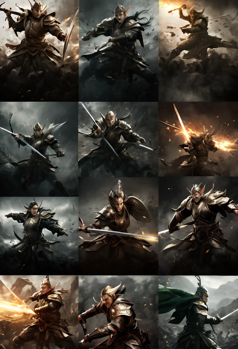 (first person,perspective,detailed,Elf Portraits:1.2,flying over,battlefield,capsuled elfs,ancient warriors,ancient armor,martial arts,misty atmosphere,dramatic lighting,high contrast,warrior in action,,action-packed,war cries,weapons clashing,fierce battles) thre side view, 1 side potrait,2 side close, 3 side in the batlle, face close up, (3 face portraits photo collage) ((close up face))