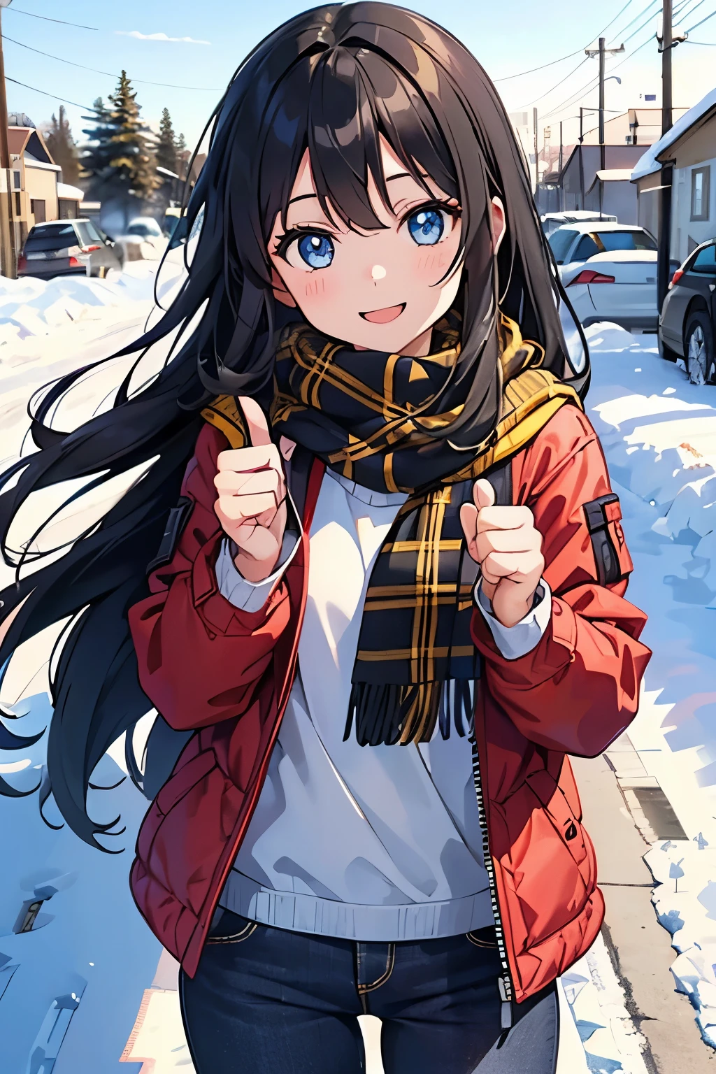 young girl, black hair long hair, blue eyes, shining blue eyes, wearing plaid yellow scarf, red jacket, black pants, looking at viewer, smiling, canada, rural city, thumbs up pose, in the snow, rural city, canada, snowed place,
