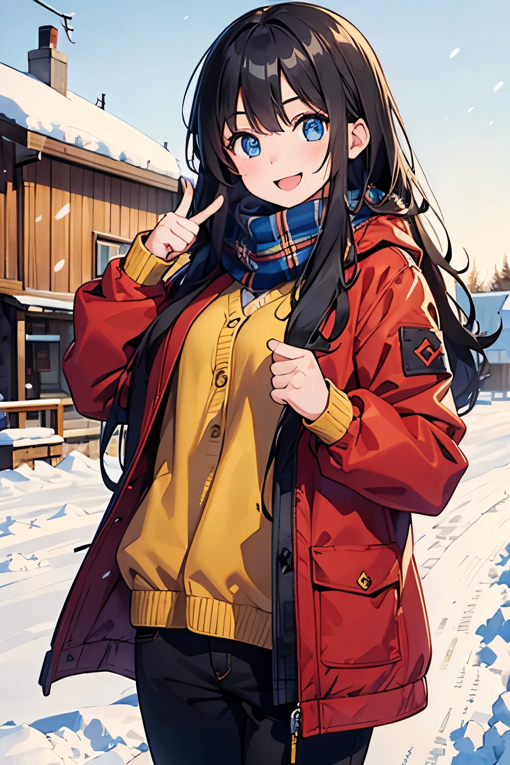 young girl, black hair long hair, blue eyes, shining blue eyes, wearing plaid yellow scarf, red jacket, black pants, looking at viewer, smiling, canada, rural city, thumbs up pose, in the snow, rural city, canada, snowed place,
