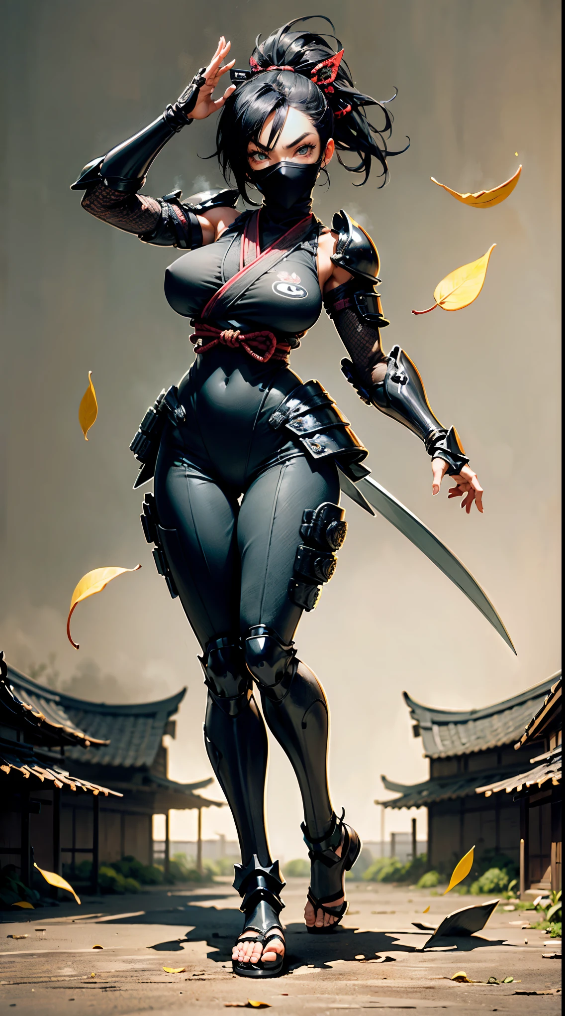 1girl,(masterpiece,8k,Super detailed,table top, heavy mechanism, hard surface),(concept art:1.1),(Taimanin Asagi style:1.0), A woman wearing a high-leg bodysuit tying the seal of ninjutsu,(full armor:1.4),(tactical ninja mask:1.5),(Purple body:1.1),(long legs:1.1),(big breasts:1.2),(constriction:1.2),(Big eyes:1.2),(beautiful face:1.3),(weapon details:1.3),(detailed body:1.3),((full body esbian:1.5)),(The background is a ninja village with dancing leaves.:1.5)