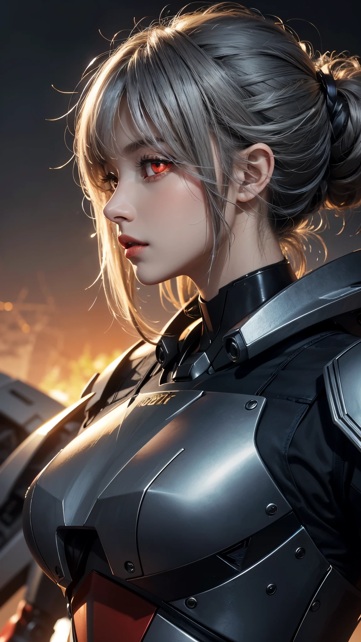 (UHD, retina, masterpiece, accurate, anatomically_correct, textured_skin, super_detail, high_details, high_quality, best_quality, high_res, 1080P, HD, 4K, 8k, 16k), (beautiful_detailed_eyes, beautiful_detailed_lips, extremely_detailed_eyes_and_face), soft_lighting, physically-based_rendering, vivid_colors, (large_breasts:1.5), (shiny_hair, shiny_skin, tanned_skin), eye_reflection, (bangs:1.5), (splash_curl:1.2), (bokeh), semi-profile_view, (mecha, silver hair:1.5),
