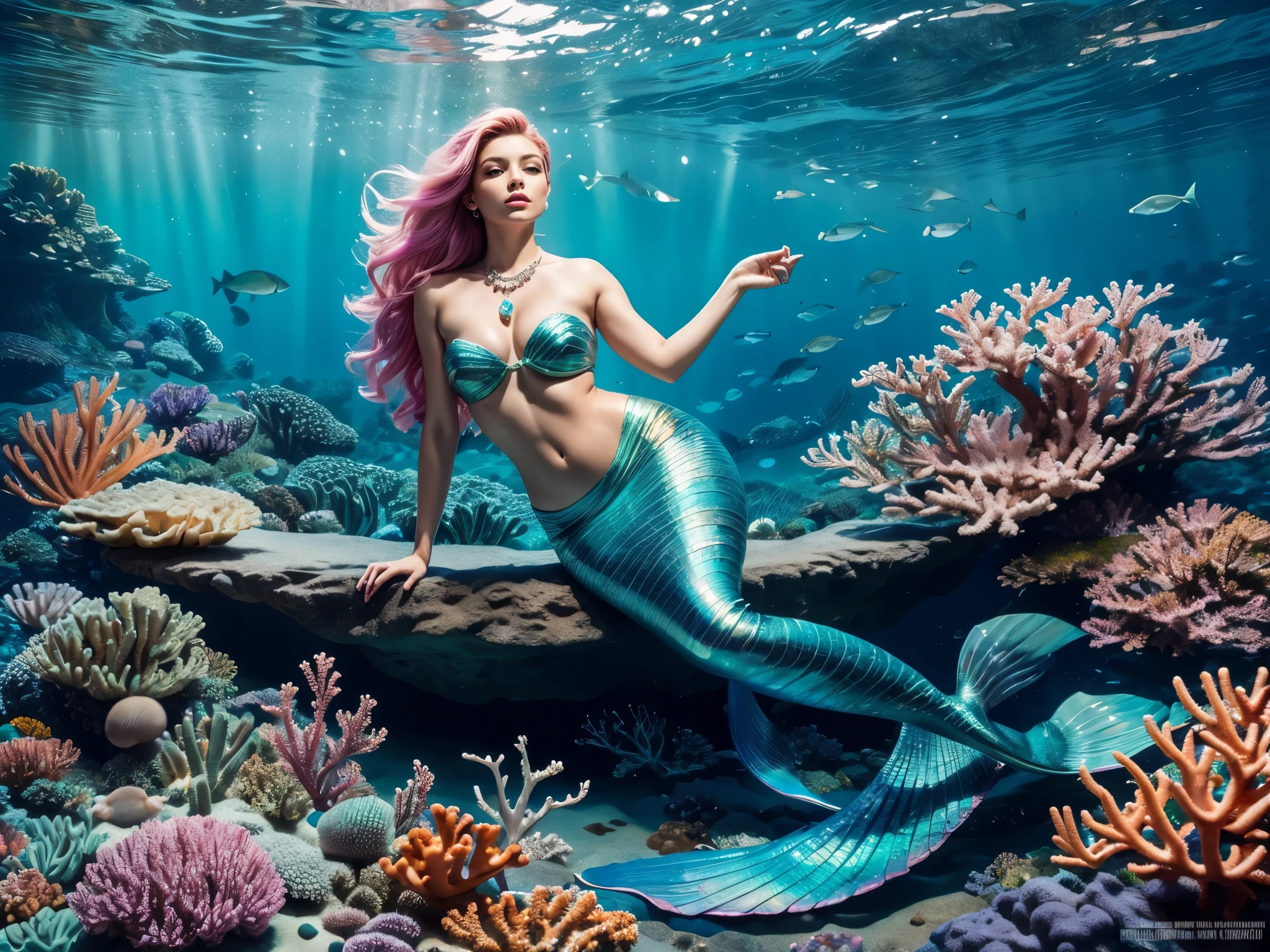Create a digital artwork of a mermaid with long, flowing hair that cascades down her back and shimmers in the light. Her tail should be iridescent and multi-colored, blending from blues and greens near her torso to bright pinks and purples at the end. She has full lips, high cheekbones, and captivating eyes that glimmer like the ocean depths. The mermaid is seductively lounging on a rock formation surrounded by a vibrant coral reef teeming with marine life. In one hand she holds a pearl necklace, while the other gently strokes the head of a friendly sea turtle beside her., large breast, (full body:1.5)