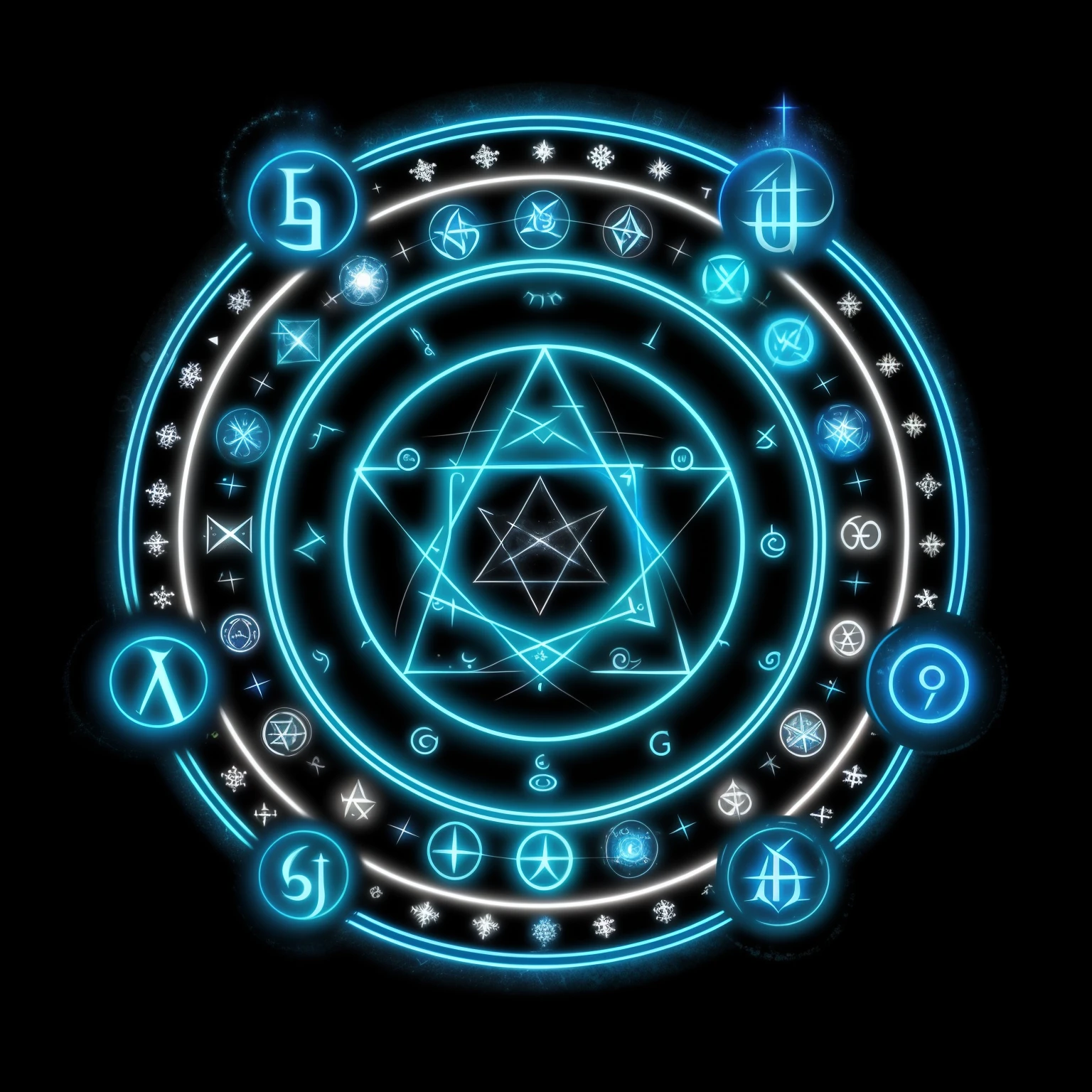 a blue glowing circle with five different symbols in it, fantasy game spell symbol, glowing magic sigils, magical sigils, summoning circle, magick symbols, holographic runes, magical symbols, magic symbols, demonic sigils, glowing digital runes, intricate wiccan spectrum, wicca symbols dnd, magic circle, cyberpunk demonic symbols