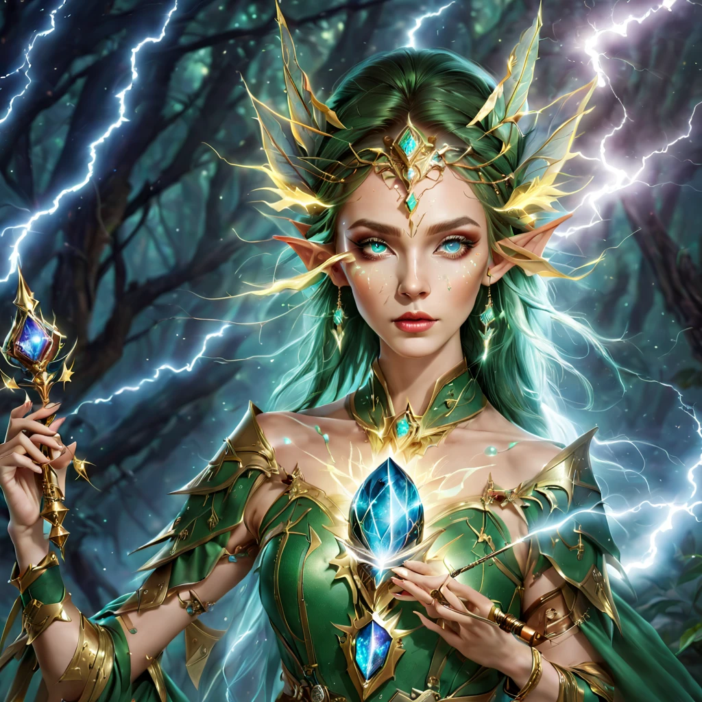 (portrait),cowboy shot, portrait of a female elf,A unique blend of fantasy and futuristic mechanical themes,((Showing off her enchanting beauty while holding a mechanical gemstone wand and casting lightning magic))。Her facial features are very beautiful,Pointy ears and charming eyes,Complements flowing hair。The costume she wears combines traditional elf clothing with modern mechanical elements,Symbolizing the intersection of magic and technology。The background blends a mysterious forest with subtle futuristic elements,Enhanced with unique themes。Her expression confident and powerful,Capturing the grace and power of mythical spirits。International Superstar Model Exhibition, Psychedelic stage,ethereal atmosphere, (anatomically correct, Exquisite face makeup , pretty face, Perfect face proportions),(Advanced facial details:1.1),Realism,movie lighting, Sony FE , wide angle, First-person perspective, 8k, ultra high definition, masterpiece, Acura, textured skin, high detail, best quality, Award-winning,Photographed from a distance,Sense of distance