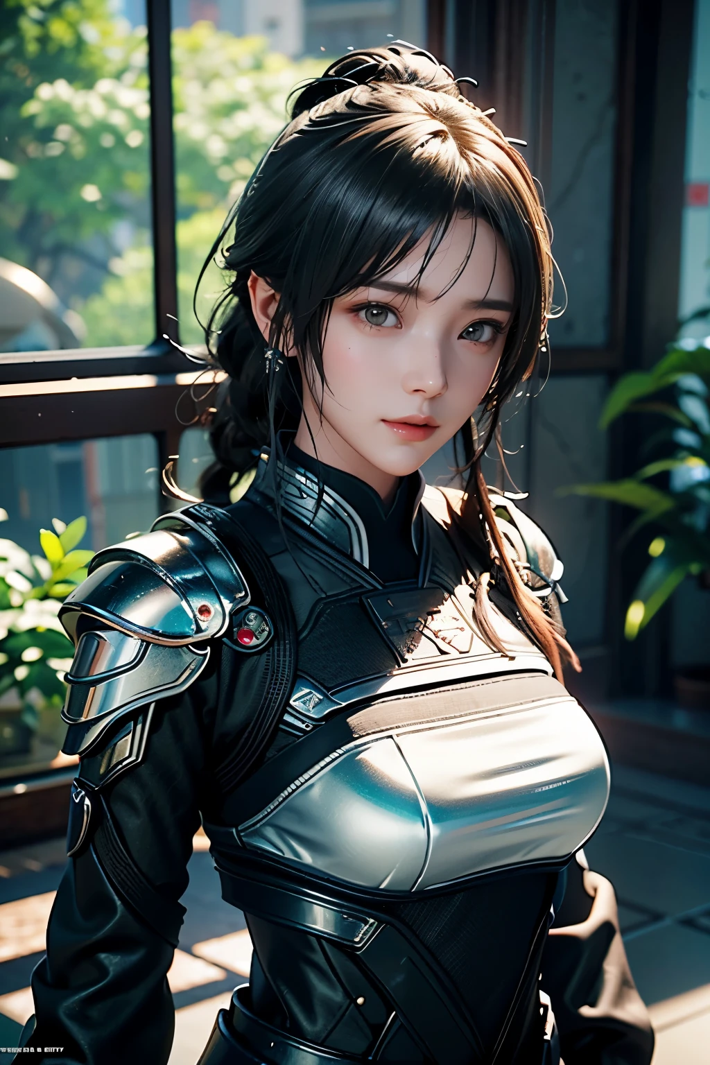 Game art，The best picture quality，Highest resolution，8K，((A bust photograph))，((Portrait))，(Rule of thirds)，Unreal Engine 5 rendering works， (The Girl of the Future)，(Female Warrior)，22岁少女，(Hair random)，(A beautiful eye full of detail)，(Big breasts)，优雅迷人，微笑，(皱眉)，(Clothes full of futuristic sci-fi style，Sweater，A delicate pattern，Glittering jewels，Armor，White and red)，赛博朋克人物，未来风格， 拍照姿势，街道背景，Movie lights，Ray tracing，Game CG，((3D Unreal Engine))，oc渲染反射纹