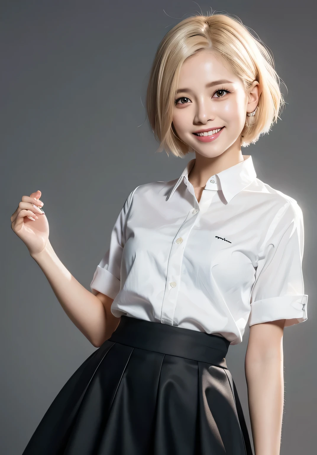 masterpiece,highest quality,official art,Highly detailed CG Unity 8K wallpaper,1 girl, like student,cute,very delicate and beautiful,ultra high resolution, (realistic:1.4), ,golden hour lighting,,(Upper body), (Platinum Short Hair:1.8), ((Clear black eye visible from the front, smile, laughter,skirt, white dress,shirt lift, long black hair